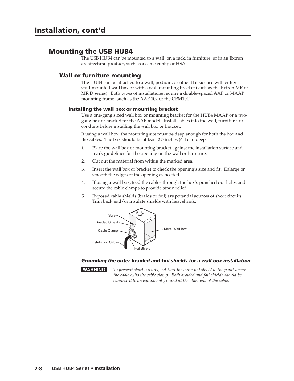 Mounting the usb hub4, Wall or furniture mounting, Installing the wall box or mounting bracket | Wall or furniture mounting -8, Installing the wall box or mounting bracket -8, E. see, Preliminar y, Installation, cont’d | Extron Electronics USB HUB4 Series User Guide User Manual | Page 18 / 28