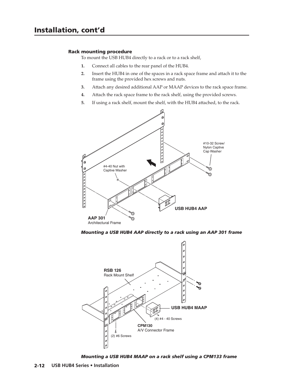 Rack mounting procedure, Rack mounting procedure -12, Preliminar y | Installation, cont’d | Extron Electronics USB HUB4 Series User Guide User Manual | Page 22 / 28