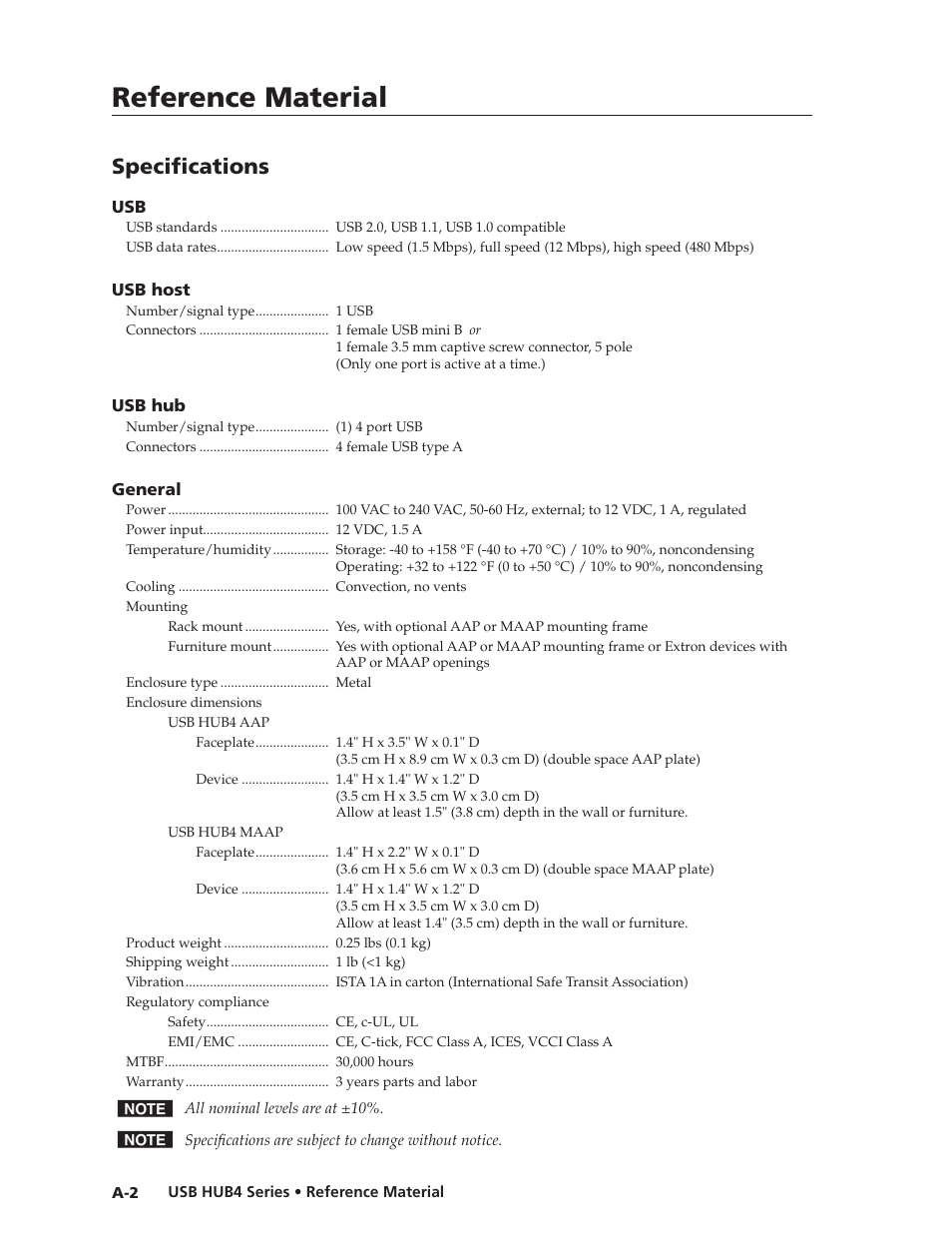 Specifications, Preliminar y, Reference material | Extron Electronics USB HUB4 Series User Guide User Manual | Page 24 / 28