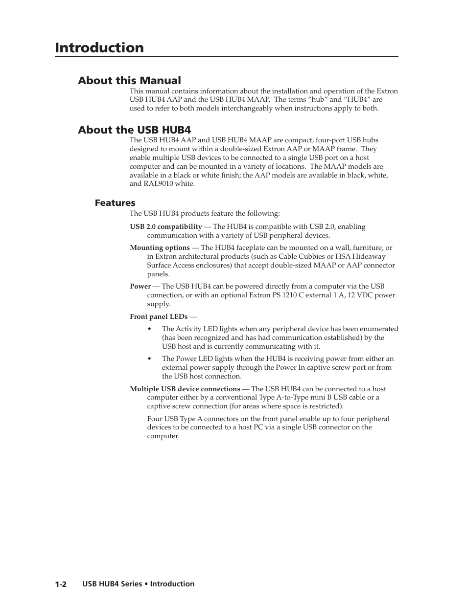 About this manual, About the usb hub4, Features | Features -2, Preliminar y, Introduction | Extron Electronics USB HUB4 Series User Guide User Manual | Page 8 / 28