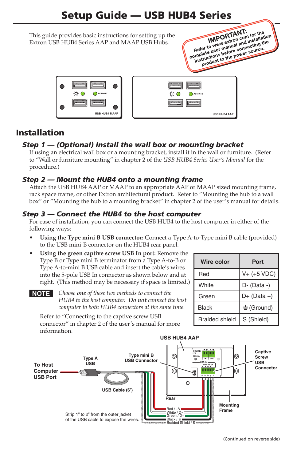 Extron Electronics USB HUB4 Series Setup Guide User Manual | 2 pages