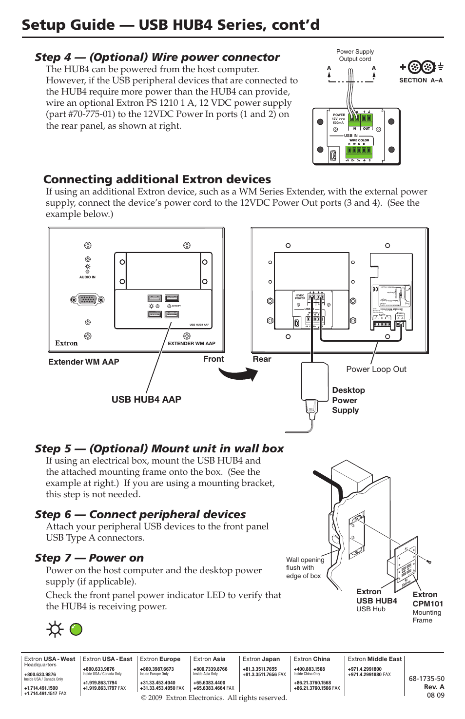 Setup guide — usb hub4 series, cont’d, Connecting additional extron devices, Step 4 — (optional) wire power connector | Step 5 — (optional) mount unit in wall box, Step 6 — connect peripheral devices, Step 7 — power on, Usb hub4 aap, Rear, Front extender wm aap, Desktop power supply power loop out | Extron Electronics USB HUB4 Series Setup Guide User Manual | Page 2 / 2