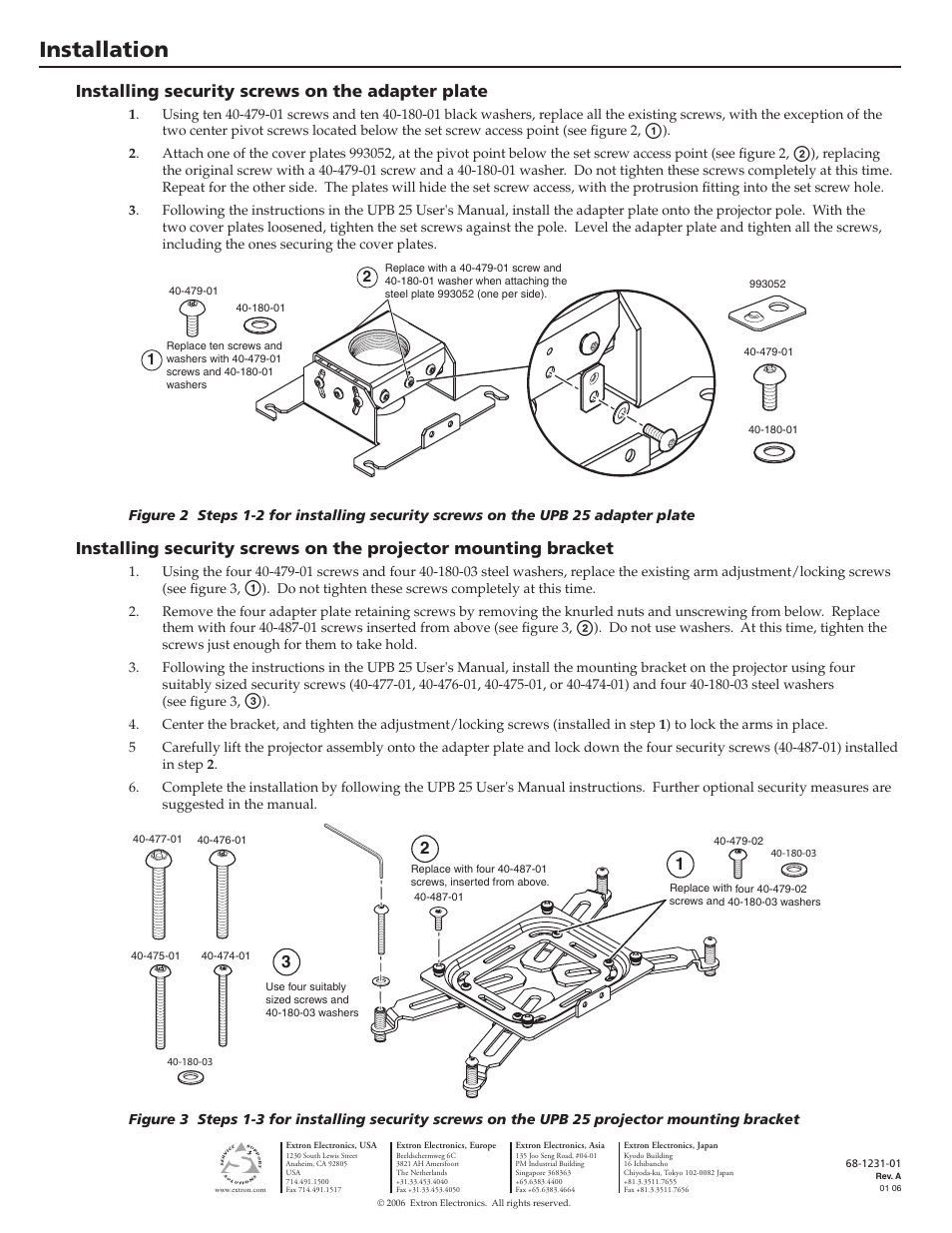 Installation, Installing security screws on the adapter plate | Extron Electronics UPB 25 Security Hardware Kit - Part 70-555-01 Installation User Manual | Page 2 / 2