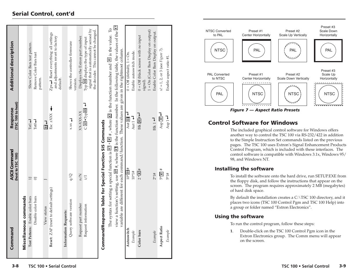 Serial control, cont’d, Control software for windows, Installing the software | Using the software | Extron Electronics TSC 100 User Guide User Manual | Page 14 / 17