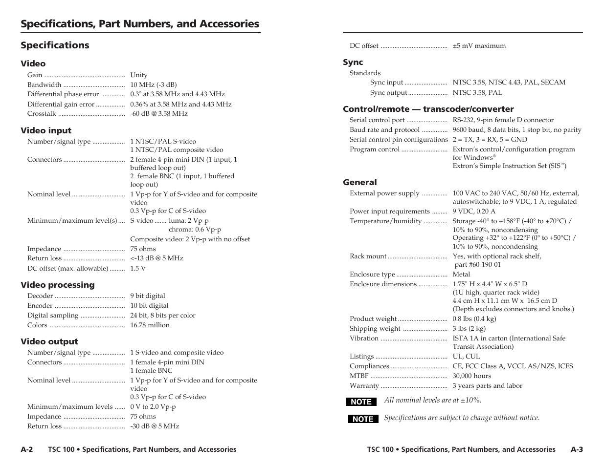 Specifications, part numbers, and accessories, Specifications | Extron Electronics TSC 100 User Guide User Manual | Page 16 / 17