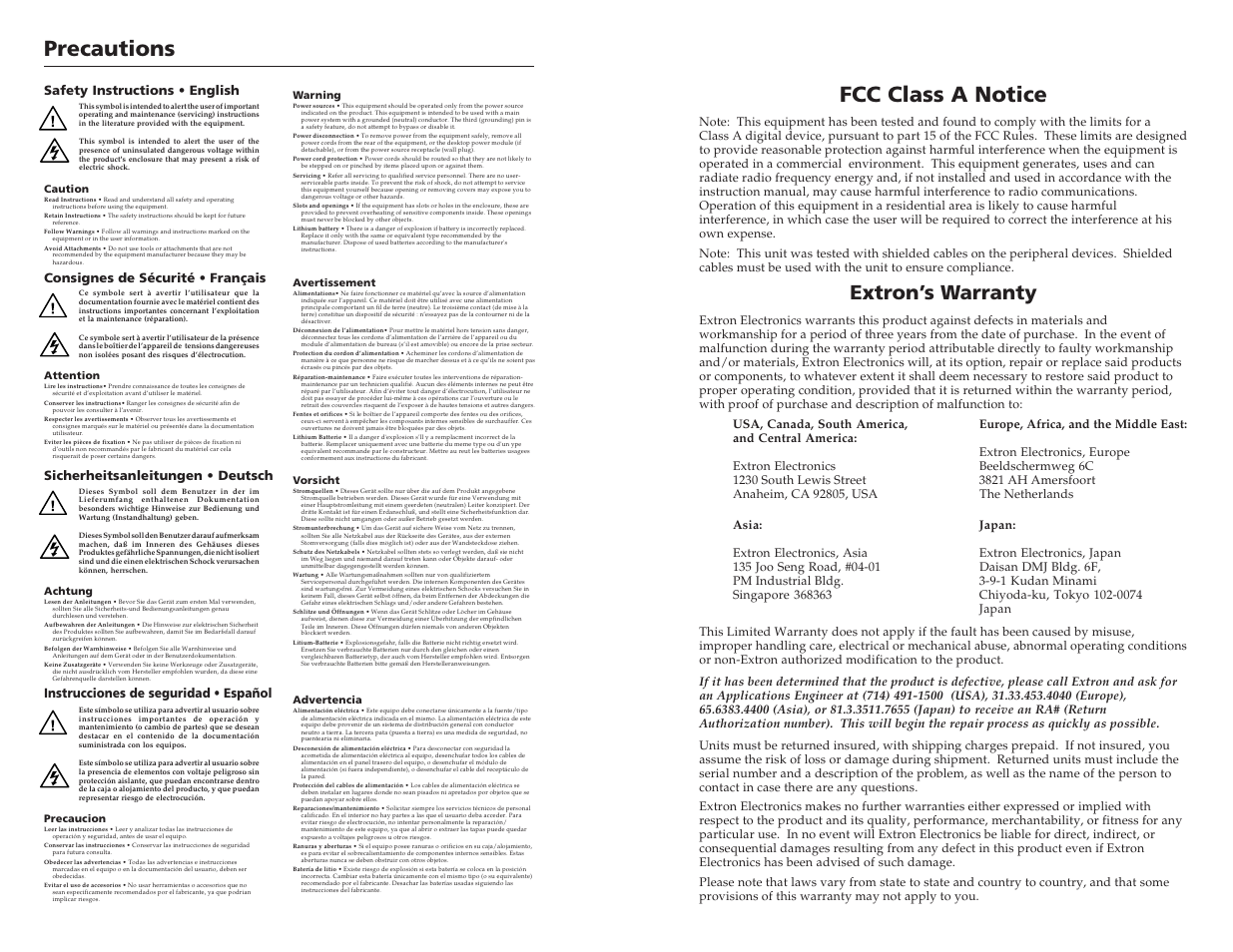 Precautions, Fcc class a notice, Extron’s warranty | Instrucciones de seguridad • español | Extron Electronics TSC 100 User Guide User Manual | Page 2 / 17