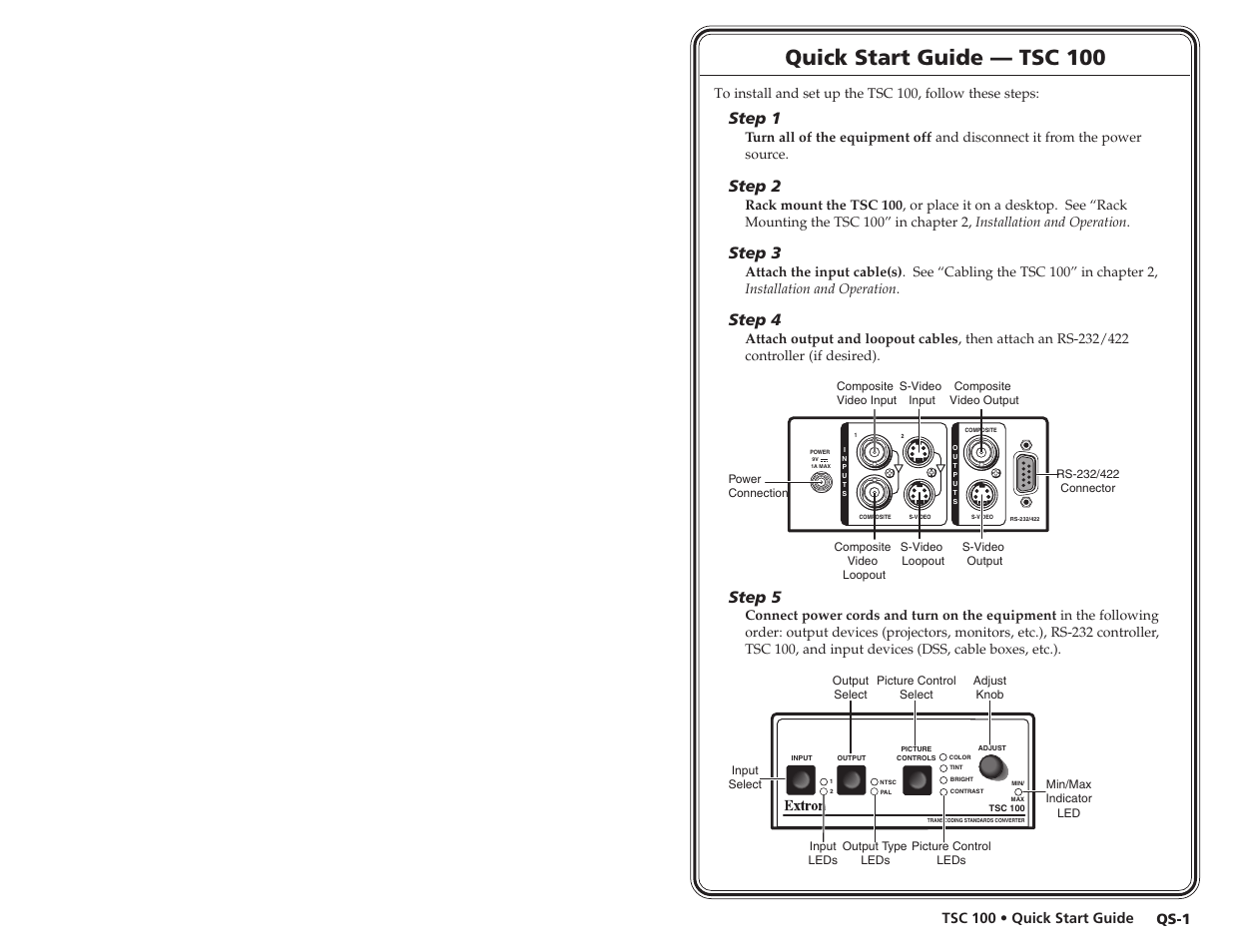 Quick start guide — tsc 100, Step 1, Step 2 | Step 3, Step 4, Step 5 | Extron Electronics TSC 100 User Guide User Manual | Page 3 / 17
