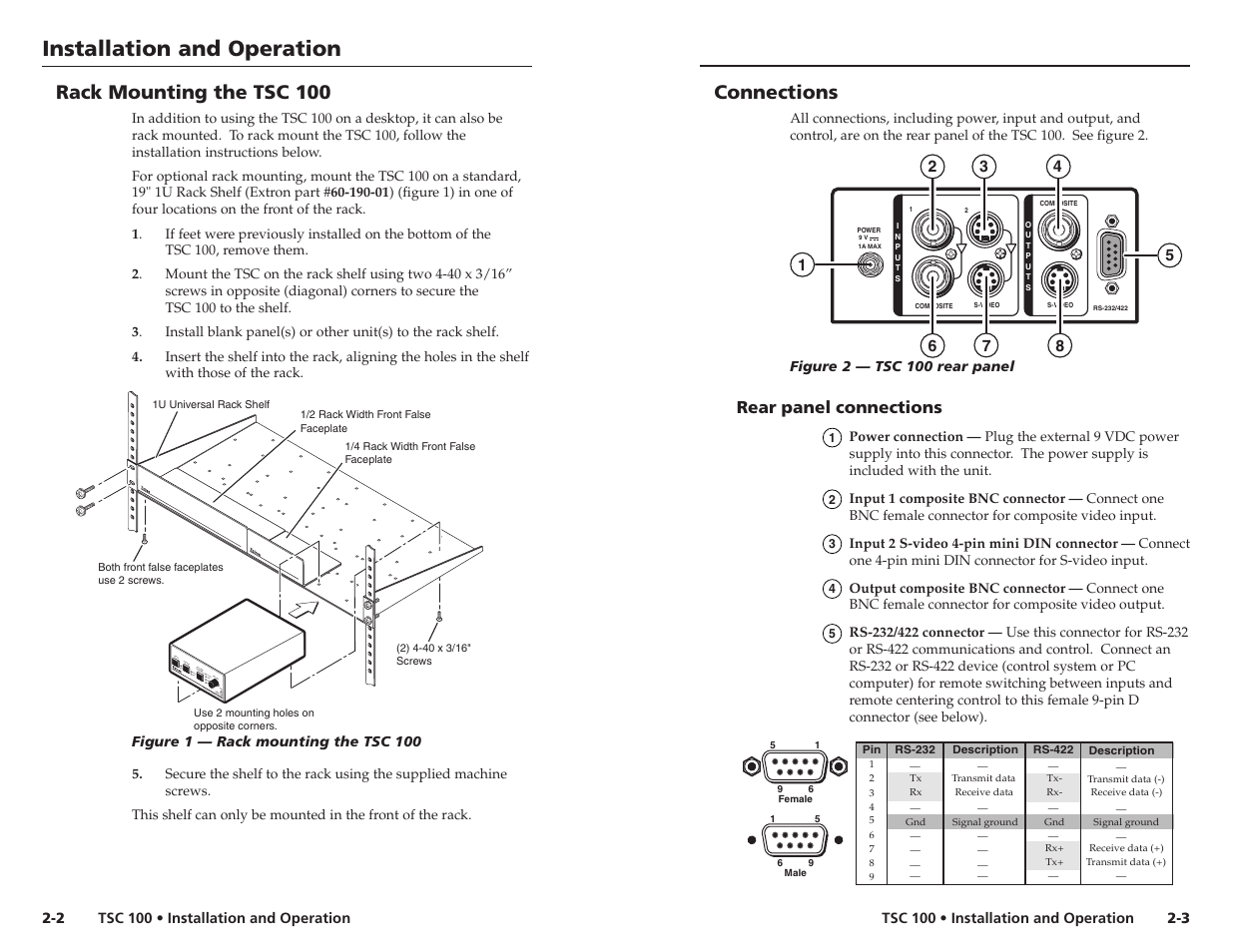 Installation and operation, Connections, Rack mounting the tsc 100 | Extron Electronics TSC 100 User Guide User Manual | Page 7 / 17