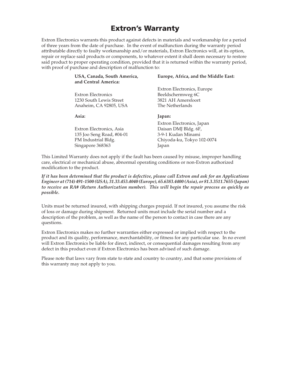 Extron’s warranty | Extron Electronics TPT101_TPR101 User Guide User Manual | Page 23 / 24