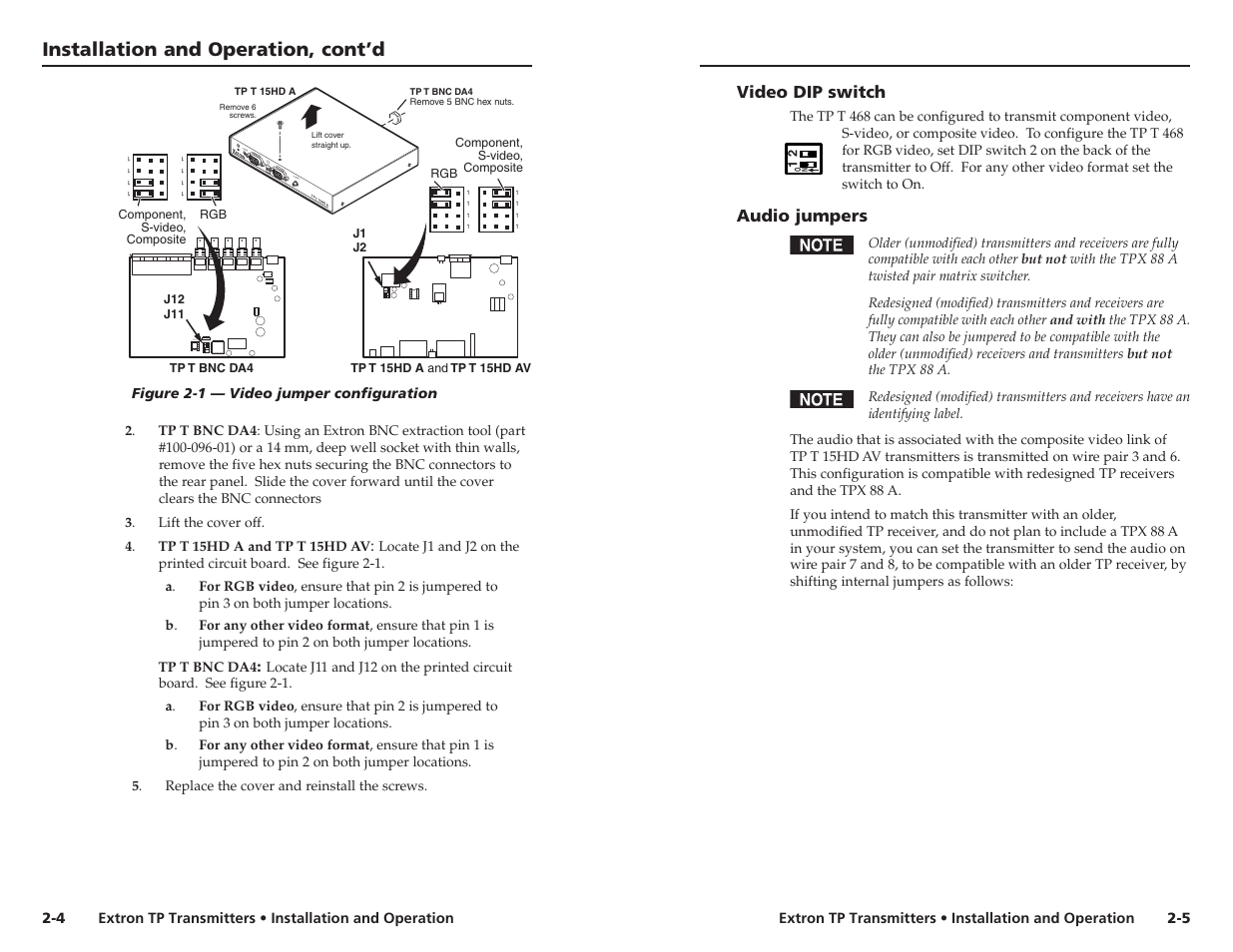 Installation and operation, cont’d, Video dip switch, Audio jumpers | Extron Electronics TP Transmitters User Guide User Manual | Page 10 / 31