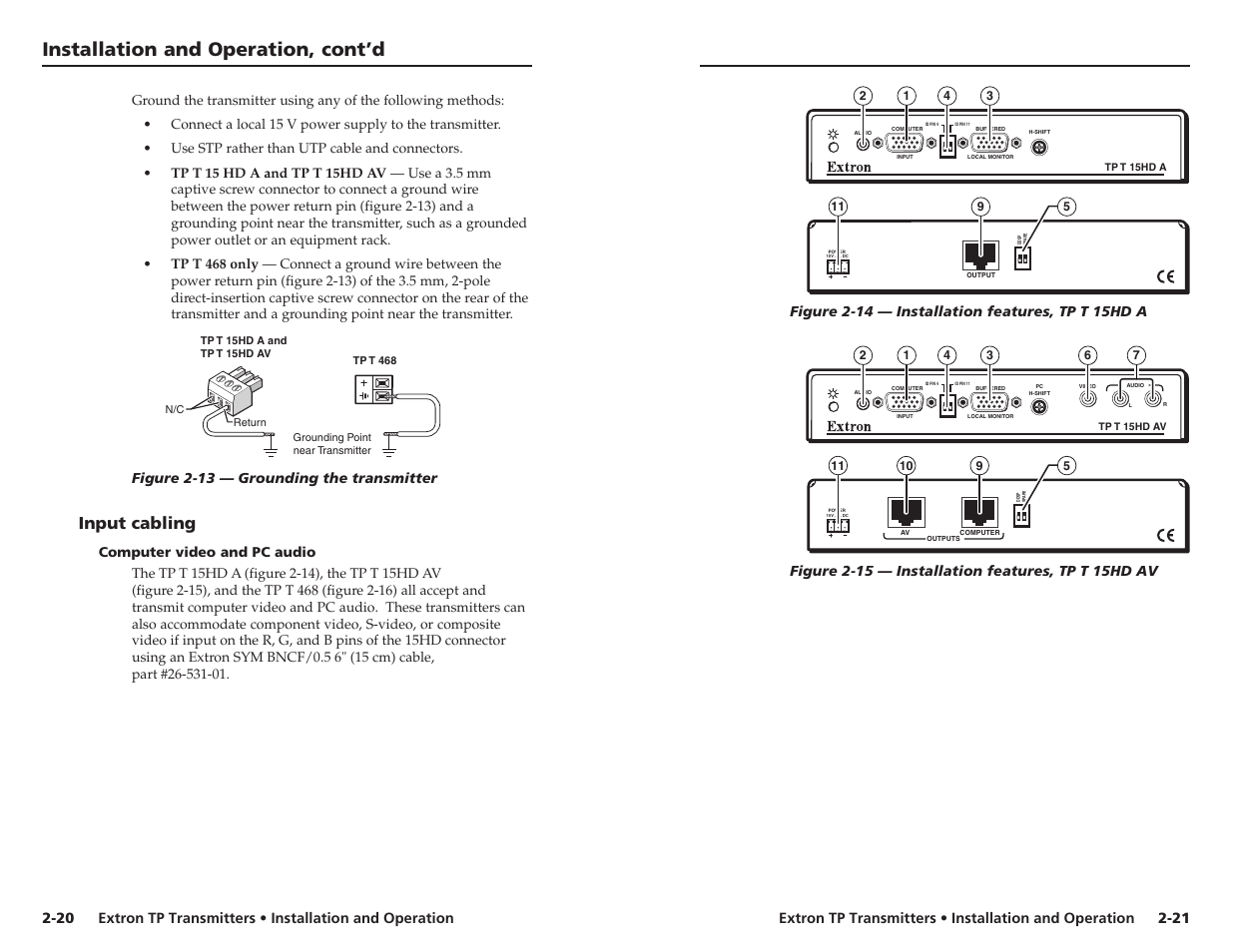 Installation and operation, cont’d, Input cabling, Figure 2-13 — grounding the transmitter | Extron Electronics TP Transmitters User Guide User Manual | Page 18 / 31