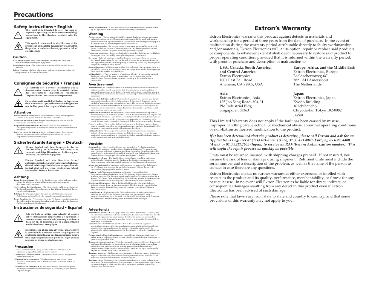 Precautions, Extron’s warranty, Instrucciones de seguridad • español | Extron Electronics TP Transmitters User Guide User Manual | Page 2 / 31