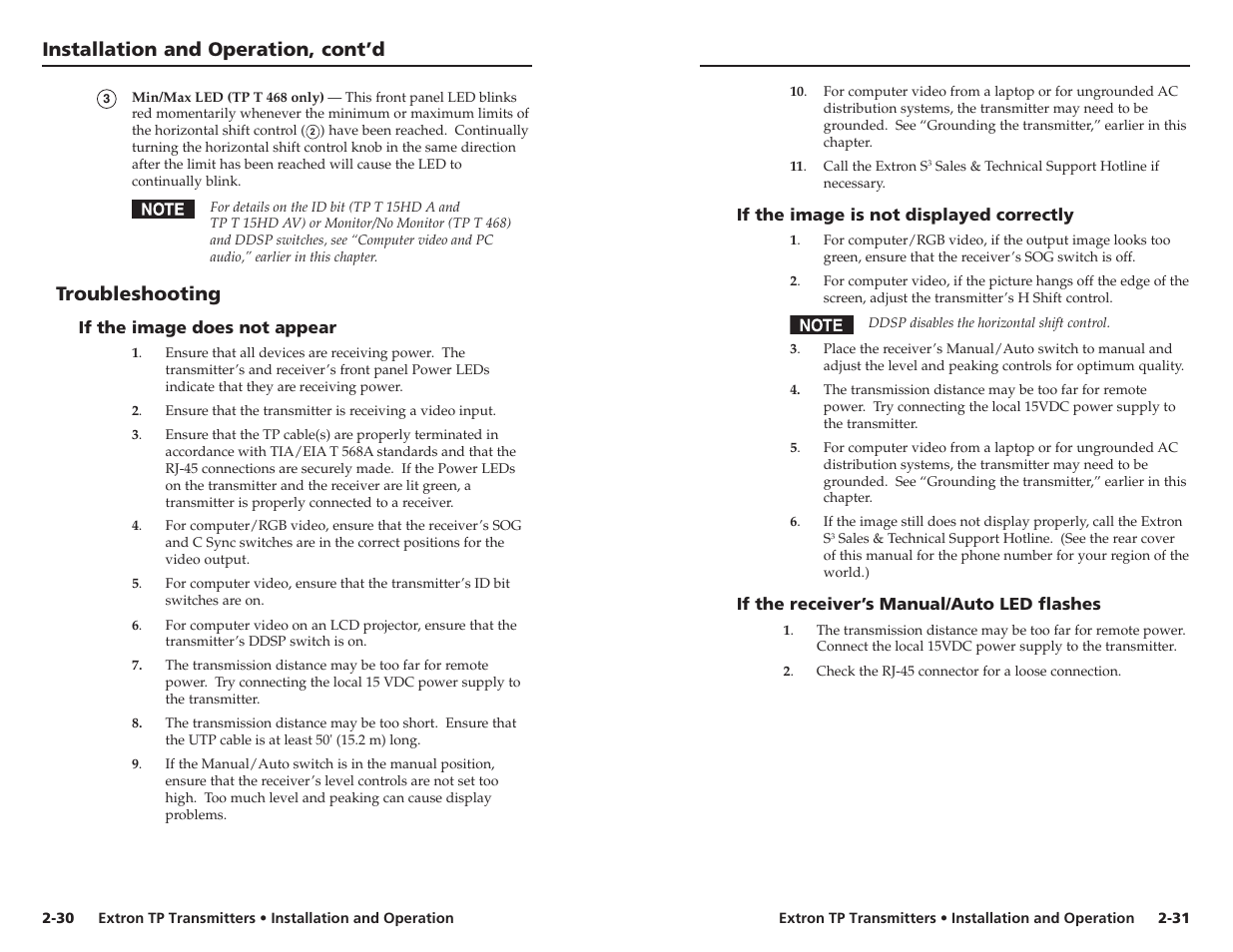 Installation and operation, cont’d, Troubleshooting | Extron Electronics TP Transmitters User Guide User Manual | Page 23 / 31