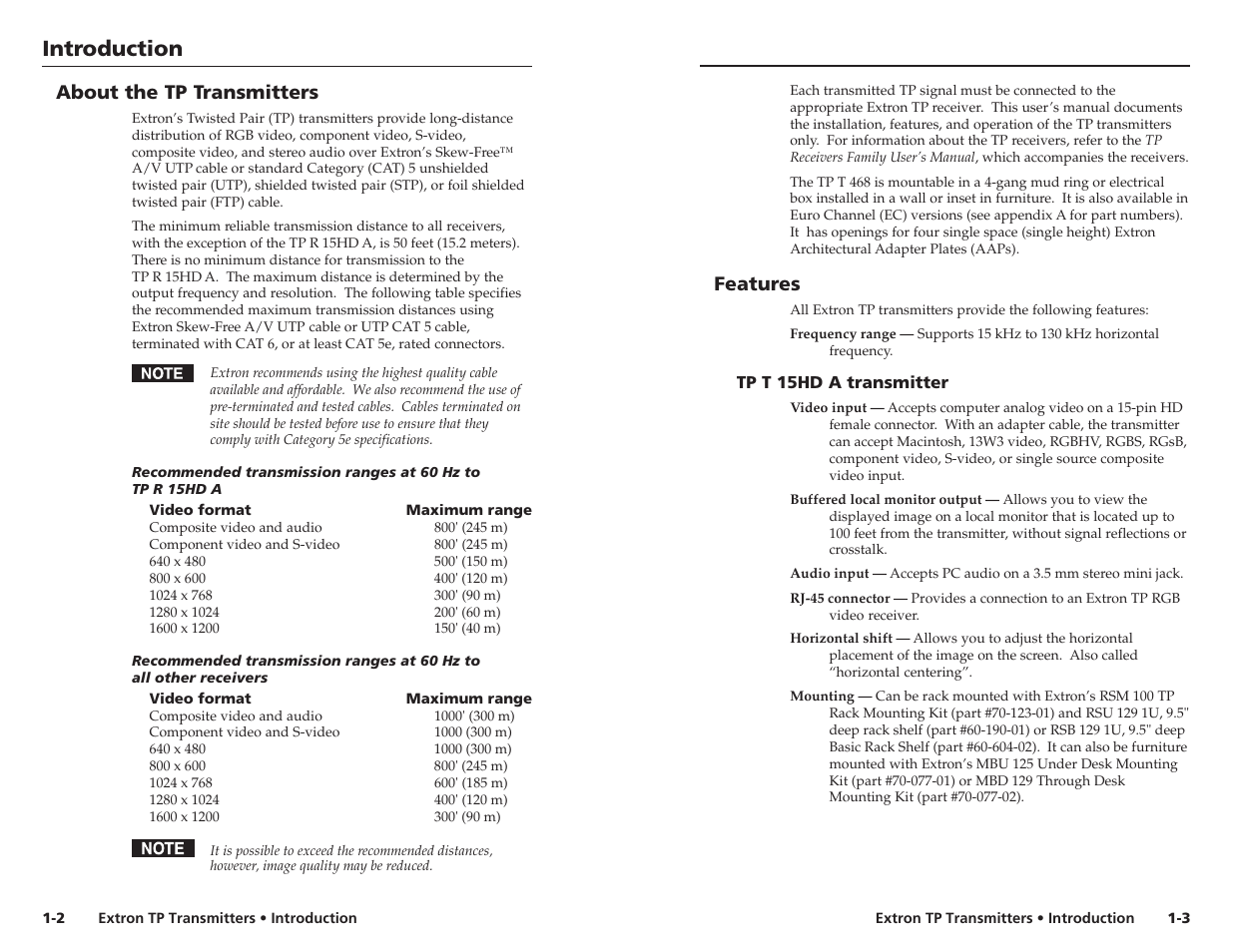 Introduction, Introduction, cont’d, Features | About the tp transmitters | Extron Electronics TP Transmitters User Guide User Manual | Page 6 / 31