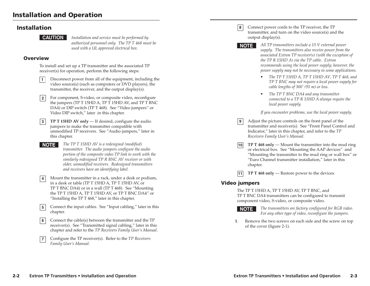 Installation and operation, Installation and operation, cont’d, Installation | Extron Electronics TP Transmitters User Guide User Manual | Page 9 / 31