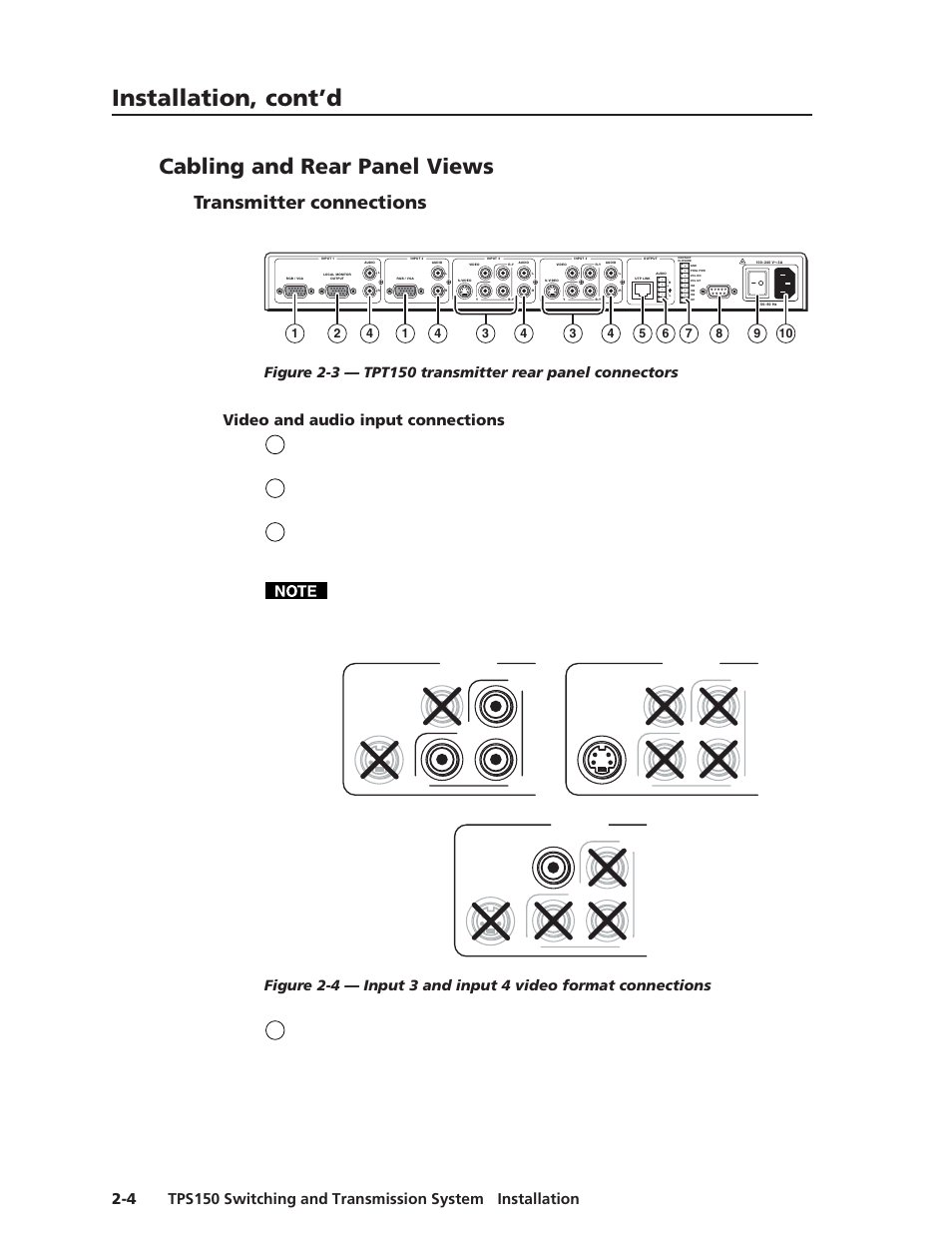 Installation, cont’d, Cabling and rear panel views, Transmitter connections | Video and audio input connections, All connectors are on the rear panel (figure 2-3), Component video composite video s-video | Extron Electronics TPS150 User Guide User Manual | Page 16 / 54