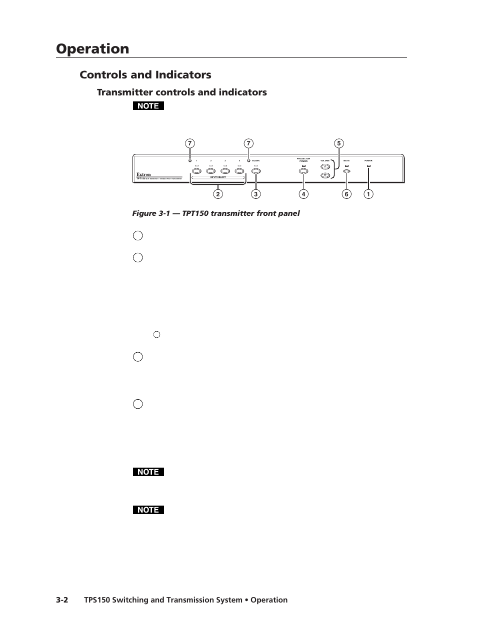 Operation, Operation, cont’d, Controls and indicators | Transmitter controls and indicators | Extron Electronics TPS150 User Guide User Manual | Page 22 / 54
