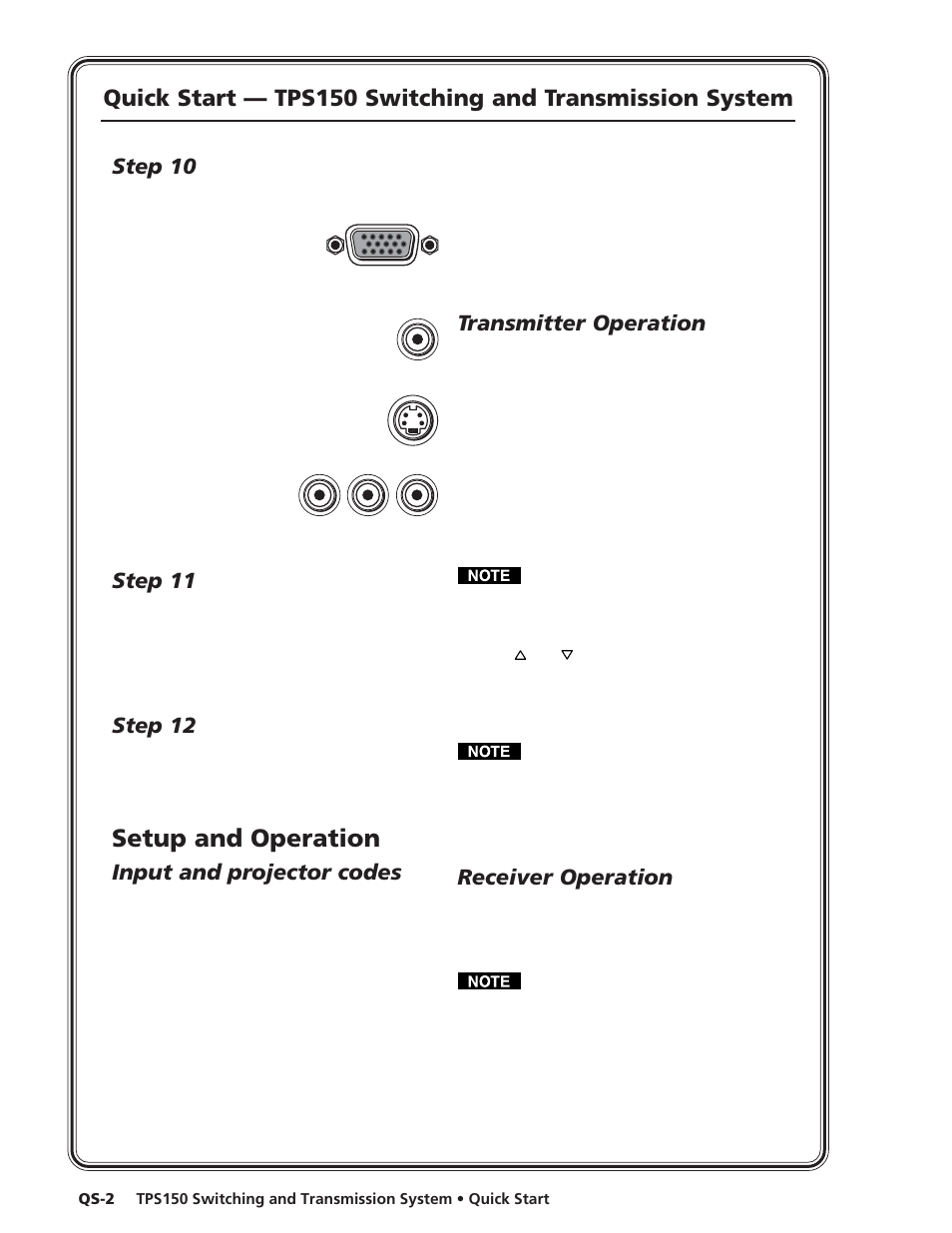 Setup and operation, Step 10, Step 11 | Step 12, Input and projector codes, Transmitter operation, Receiver operation | Extron Electronics TPS150 User Guide User Manual | Page 4 / 54