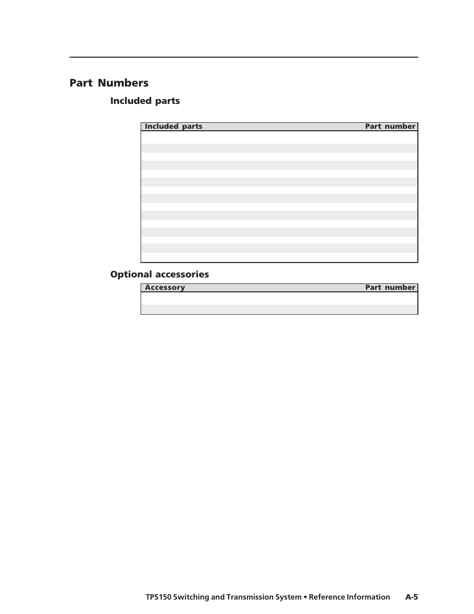 Part numbers, Included parts, Optional accessories | Extron Electronics TPS150 User Guide User Manual | Page 51 / 54