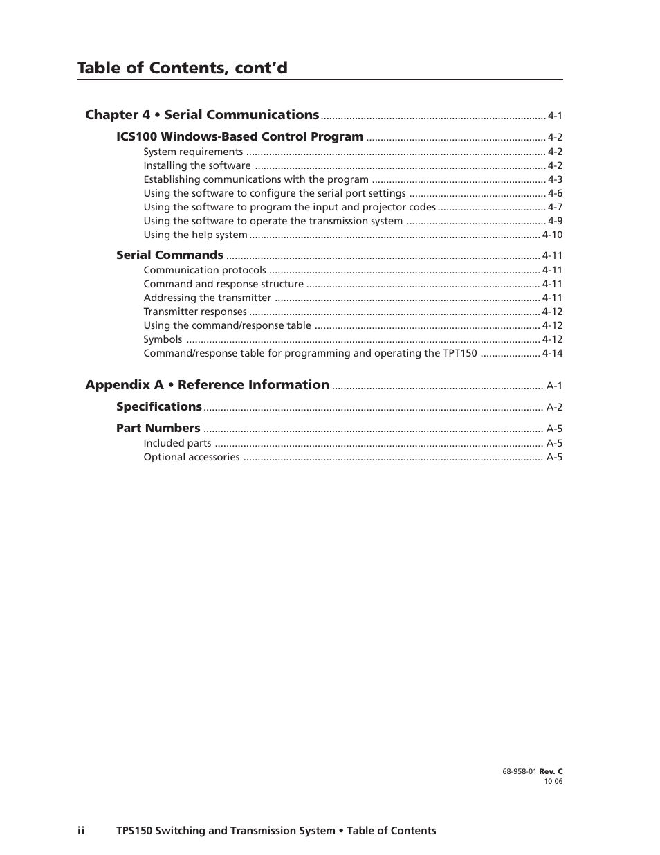 Table of contents, cont’d | Extron Electronics TPS150 User Guide User Manual | Page 6 / 54
