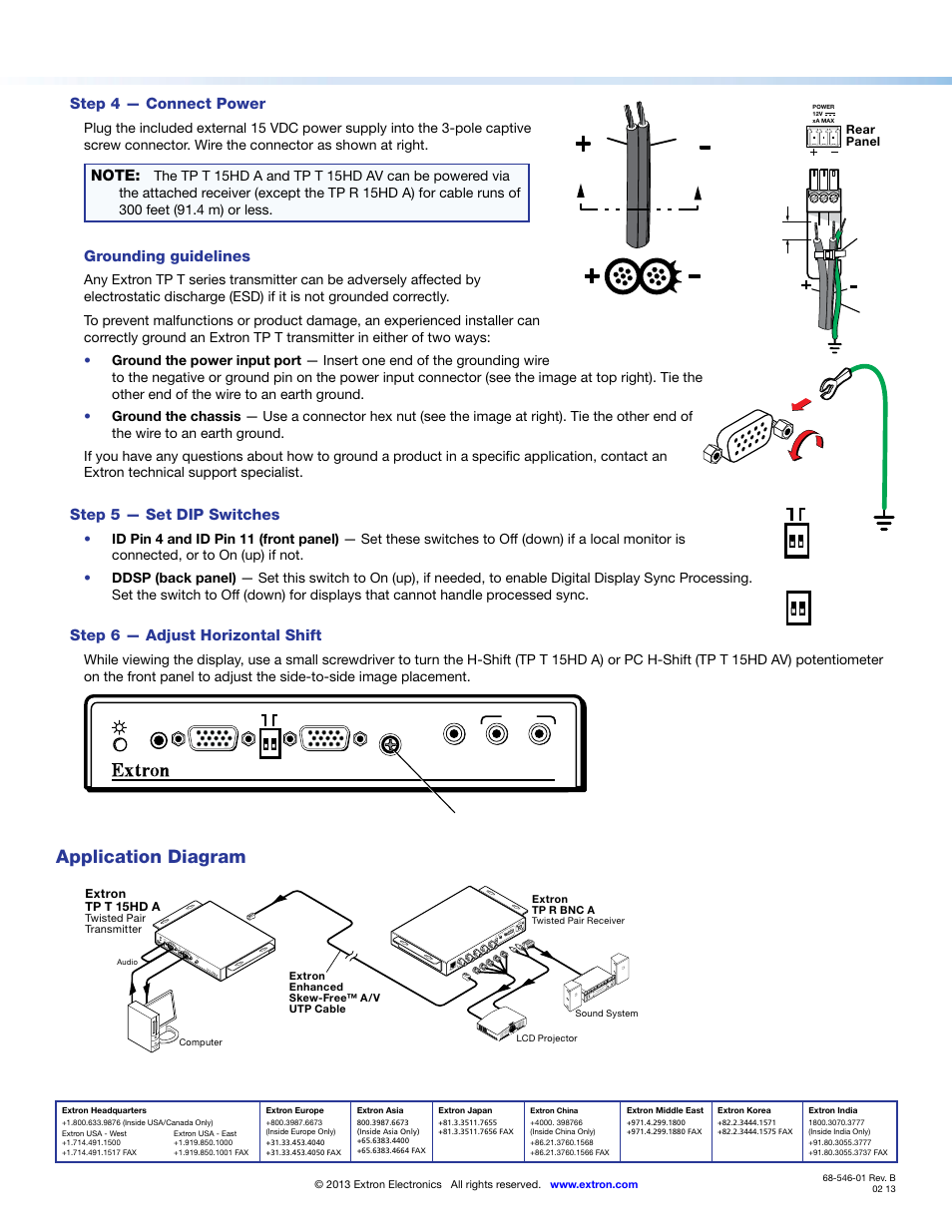 Application diagram, Step 4 — connect power, Grounding guidelines | Step 5 — set dip switches, Step 6 — adjust horizontal shift | Extron Electronics TP Series Transmitters Setup Guide User Manual | Page 2 / 2
