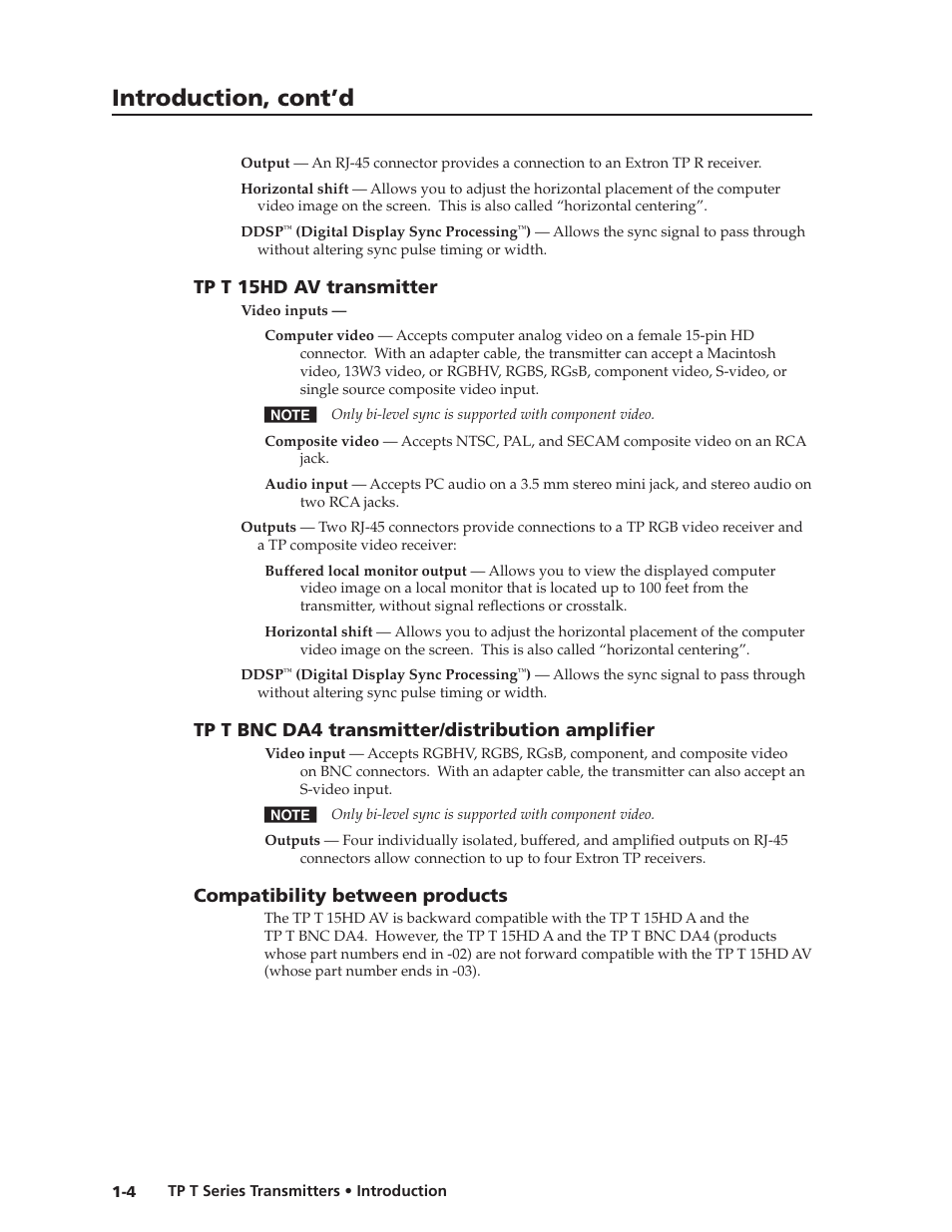Tp t 15hd av transmitter, Tp t bnc da4 transmitter/distribution amplifier, Compatibility between products | Preliminar y, Introduction, cont’d | Extron Electronics TP T Series Transmitters User Guide User Manual | Page 10 / 34