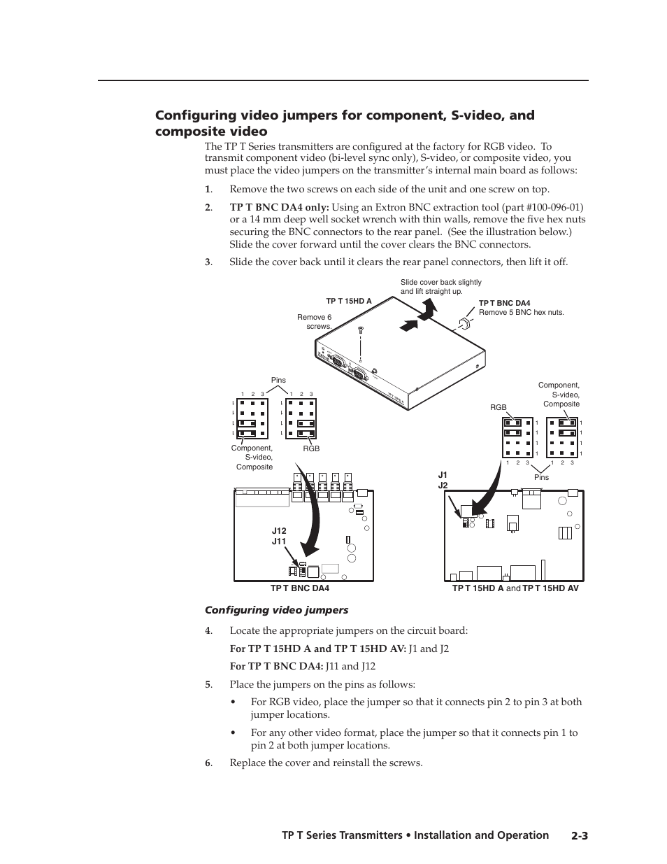 Configuring video jumpers for component video, S-video, and composite video, Preliminar y | Extron Electronics TP T Series Transmitters User Guide User Manual | Page 13 / 34