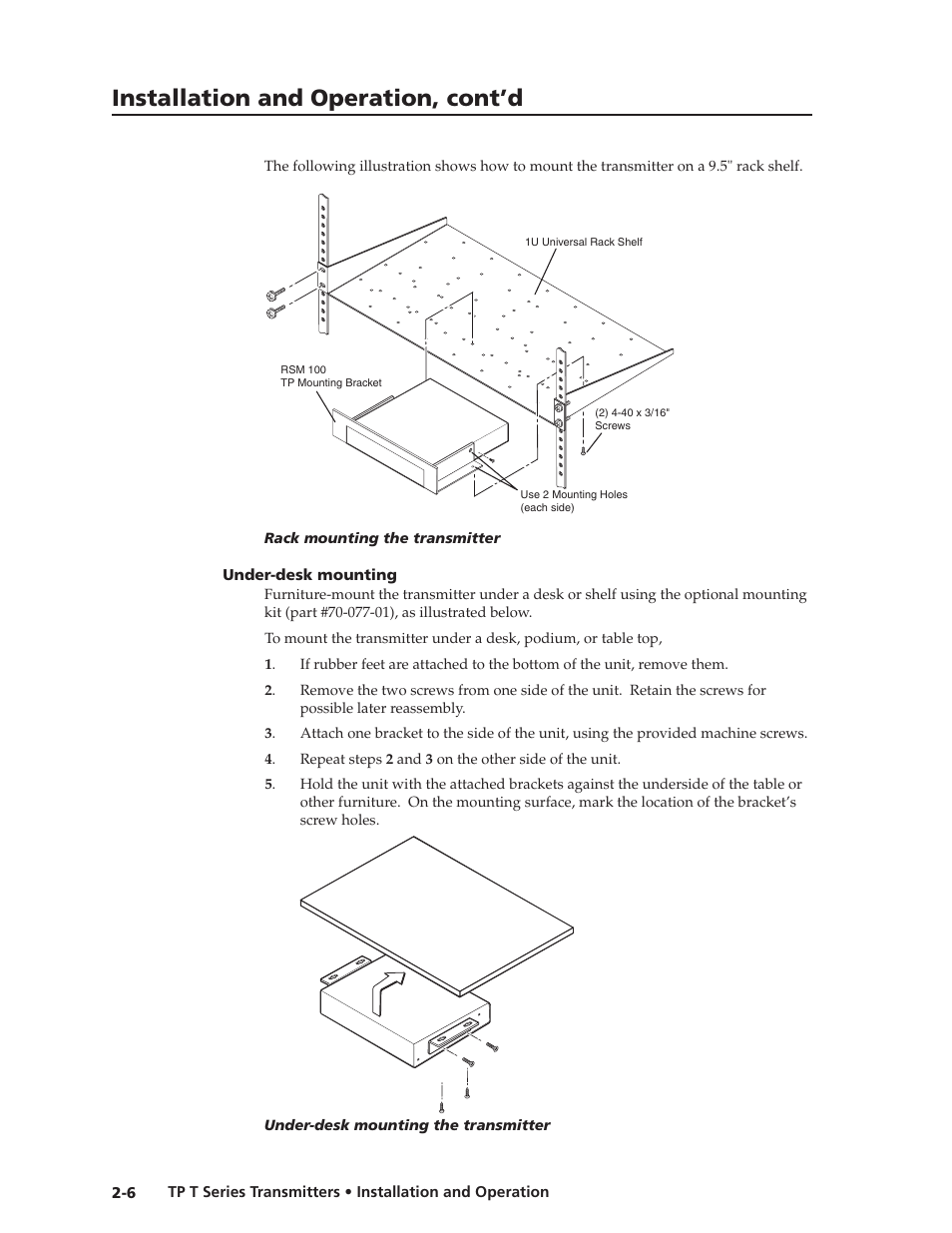 Under-desk mounting, Under-desk mounting -6, Preliminar y | Installation and operation, cont’d | Extron Electronics TP T Series Transmitters User Guide User Manual | Page 16 / 34