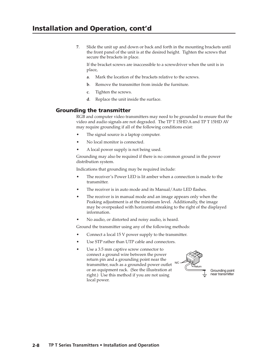 Grounding the transmitter, Grounding the transmitter -8, Preliminar y | Installation and operation, cont’d | Extron Electronics TP T Series Transmitters User Guide User Manual | Page 18 / 34