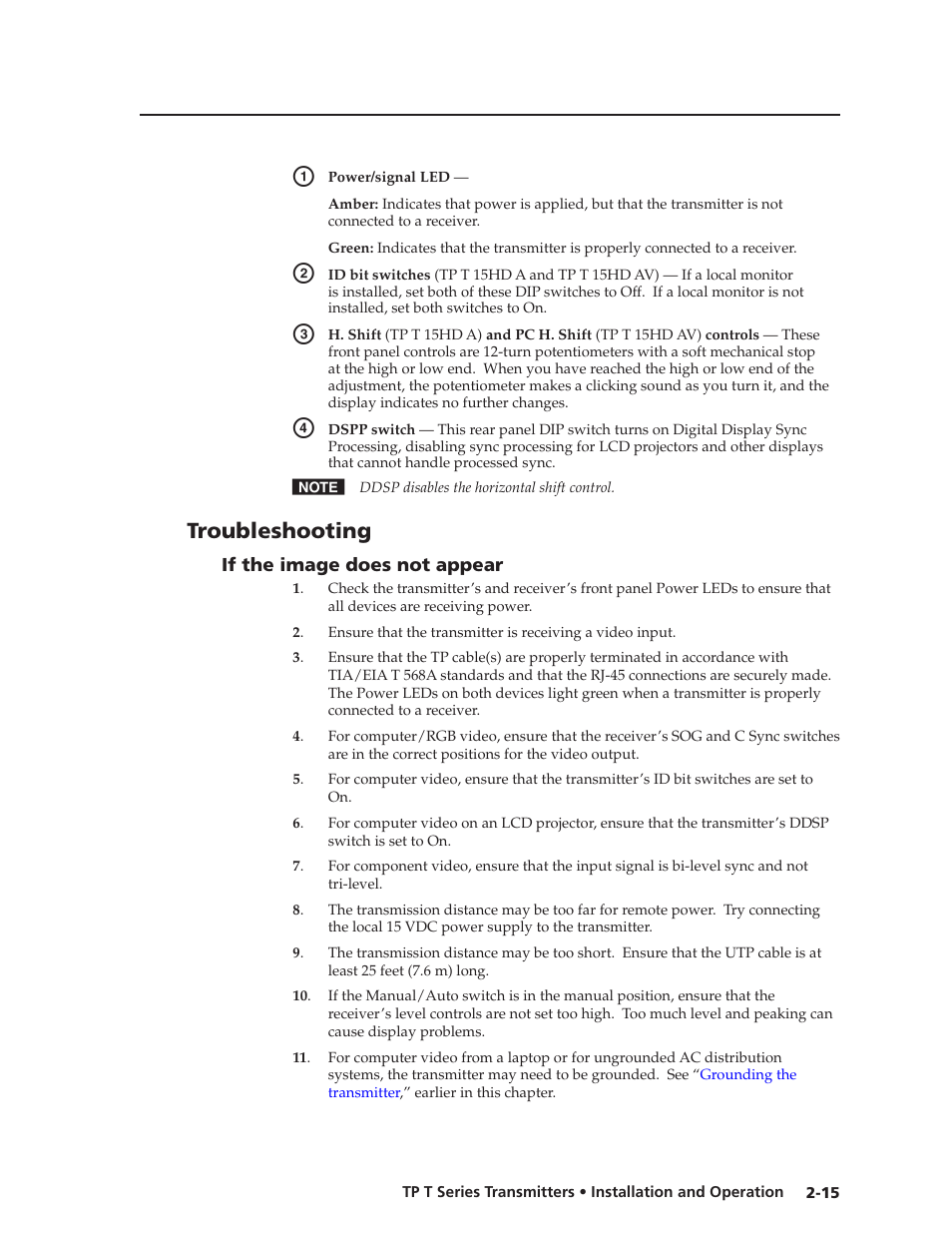 Troubleshooting, If the image does not appear, If the image does not appear -15 | Dip switch descriptions, Preliminar y | Extron Electronics TP T Series Transmitters User Guide User Manual | Page 25 / 34