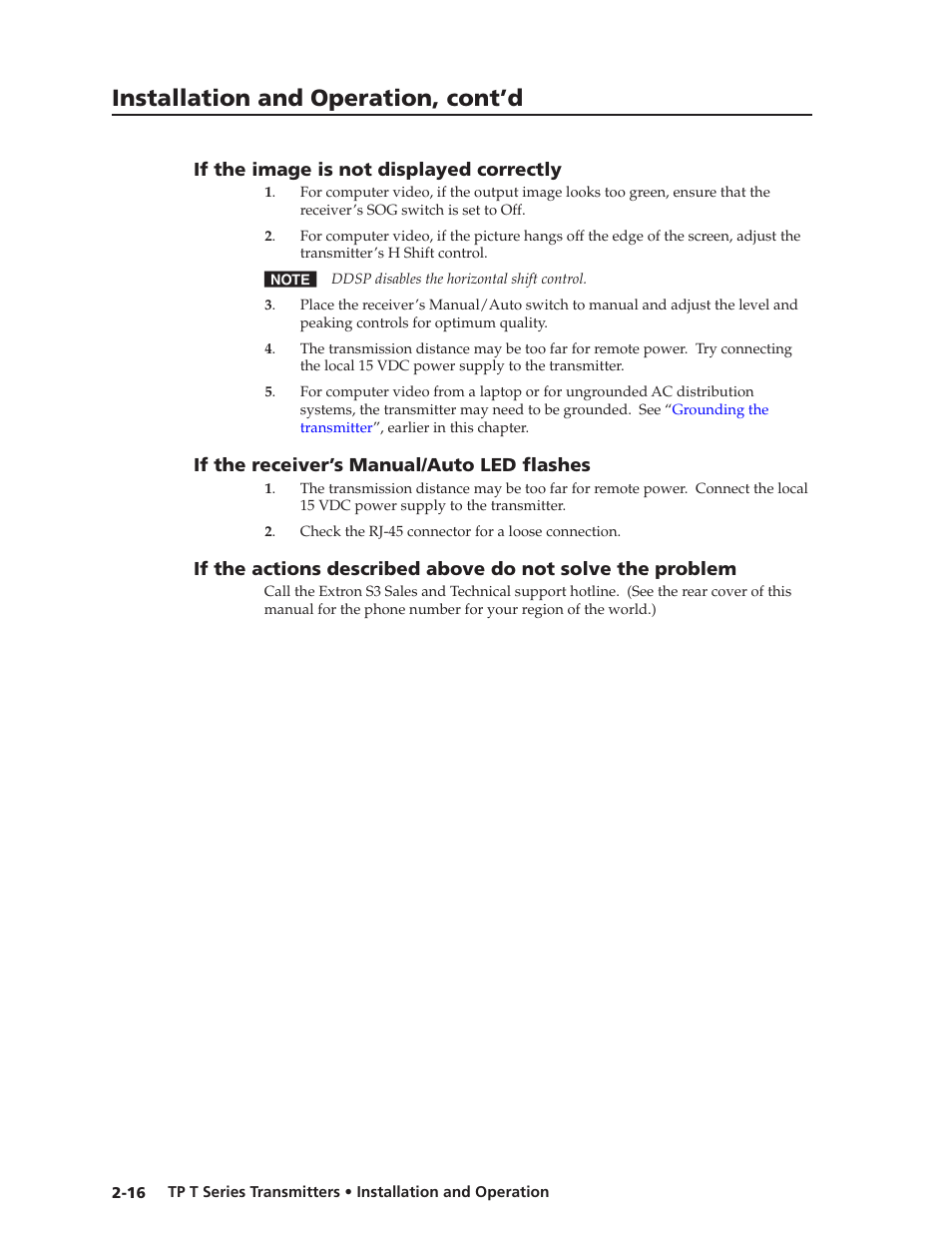 If the image is not displayed correctly, If the receiver’s manual/auto led flashes, Preliminar y | Installation and operation, cont’d | Extron Electronics TP T Series Transmitters User Guide User Manual | Page 26 / 34