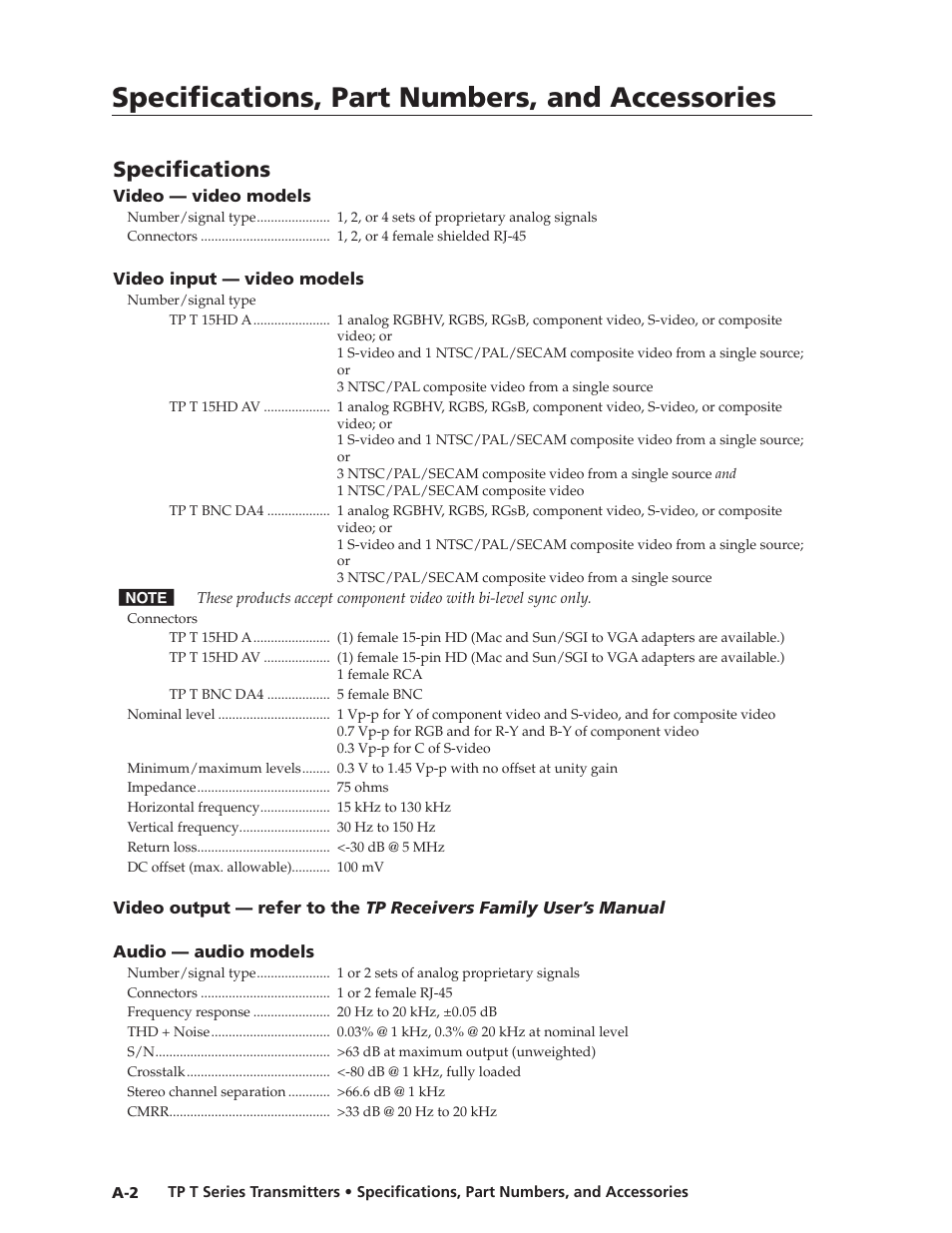 Specifications, Preliminar y, Specifications, part numbers, and accessories | Extron Electronics TP T Series Transmitters User Guide User Manual | Page 28 / 34
