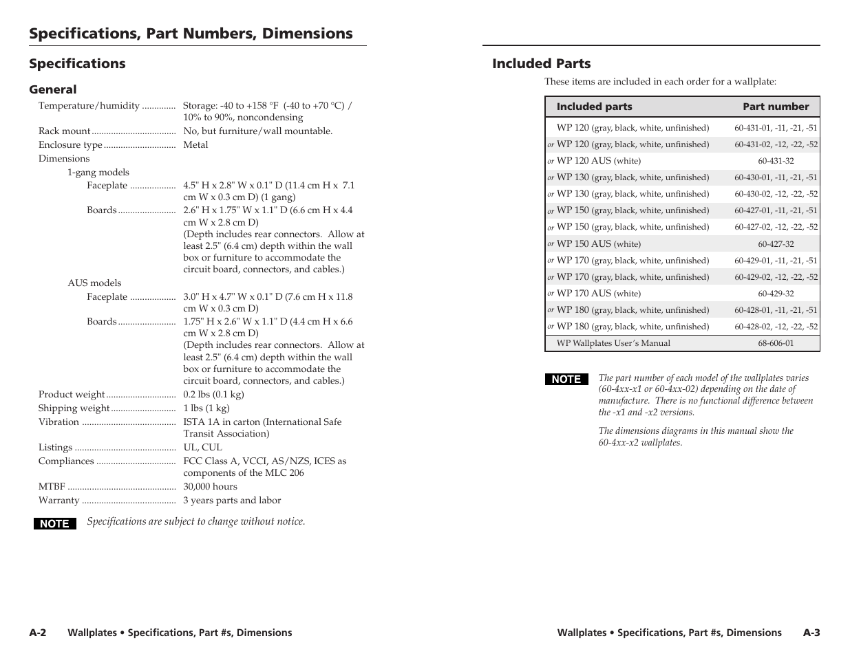 Specifications, part numbers, dimensions, Included parts, Specifications | Extron Electronics Wallplates Installation User Manual | Page 10 / 15