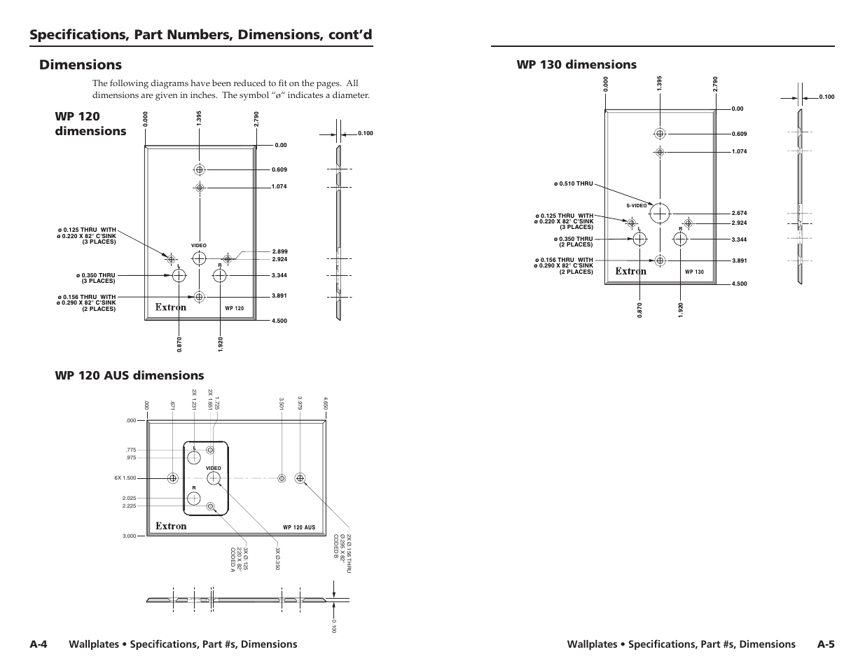 Specifications, part numbers, dimensions, cont’d, Dimensions, Wp 120 aus dimensions | Wallplates • specifications, part #s, dimensions, A-5 a-4 | Extron Electronics Wallplates Installation User Manual | Page 11 / 15