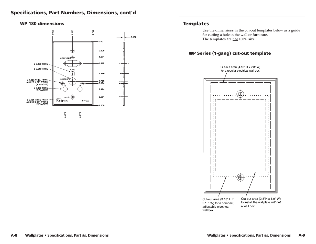 Specifications, part numbers, dimensions, cont’d, Templates, Wp 180 dimensions | Wp series (1-gang) cut-out template, Wallplates • specifications, part #s, dimensions, A-9 a-8 | Extron Electronics Wallplates Installation User Manual | Page 13 / 15