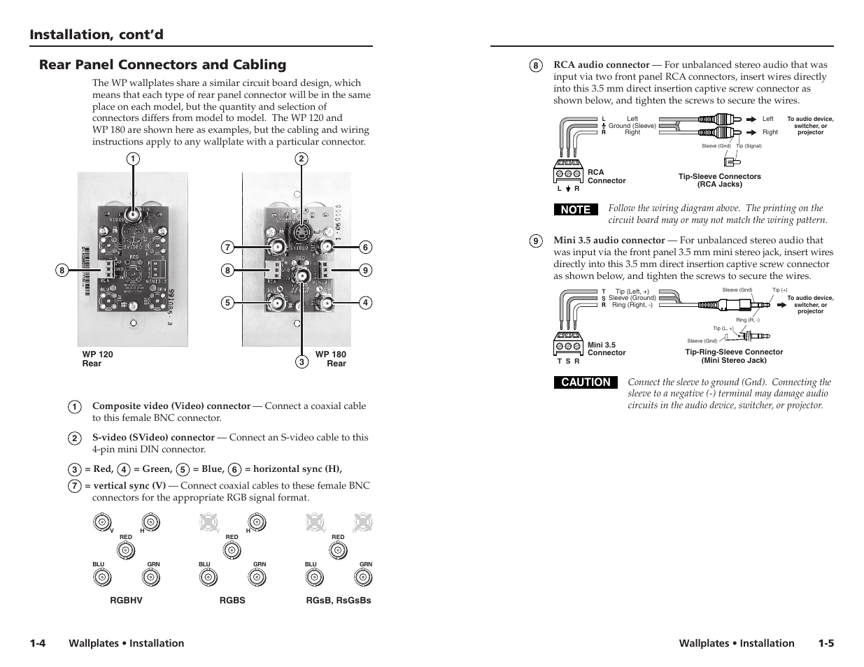 Installation, cont’d, Rear panel connectors and cabling, Caution | Extron Electronics Wallplates Installation User Manual | Page 7 / 15