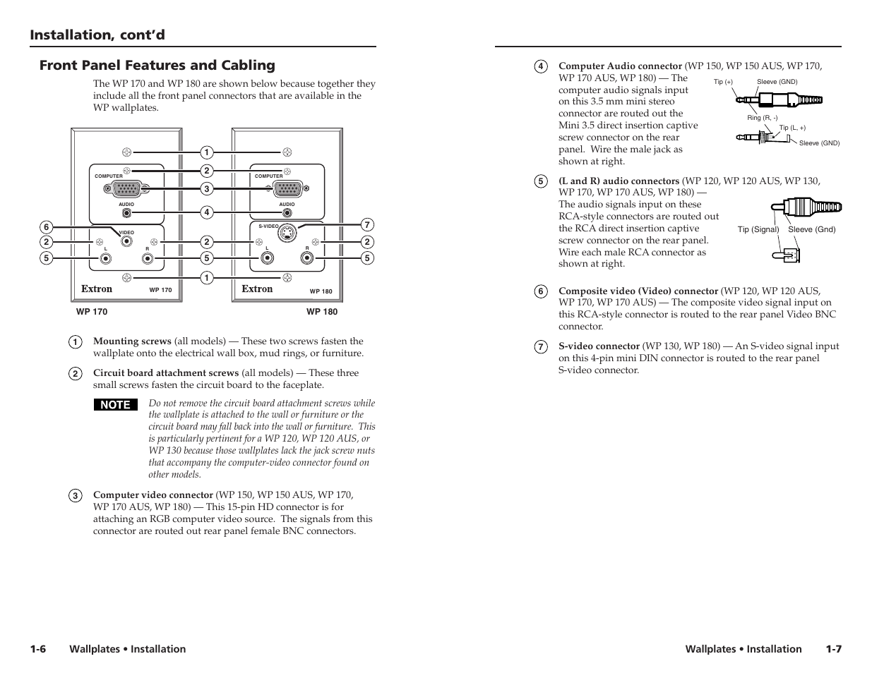 Installation, cont’d, Front panel features and cabling | Extron Electronics Wallplates Installation User Manual | Page 8 / 15