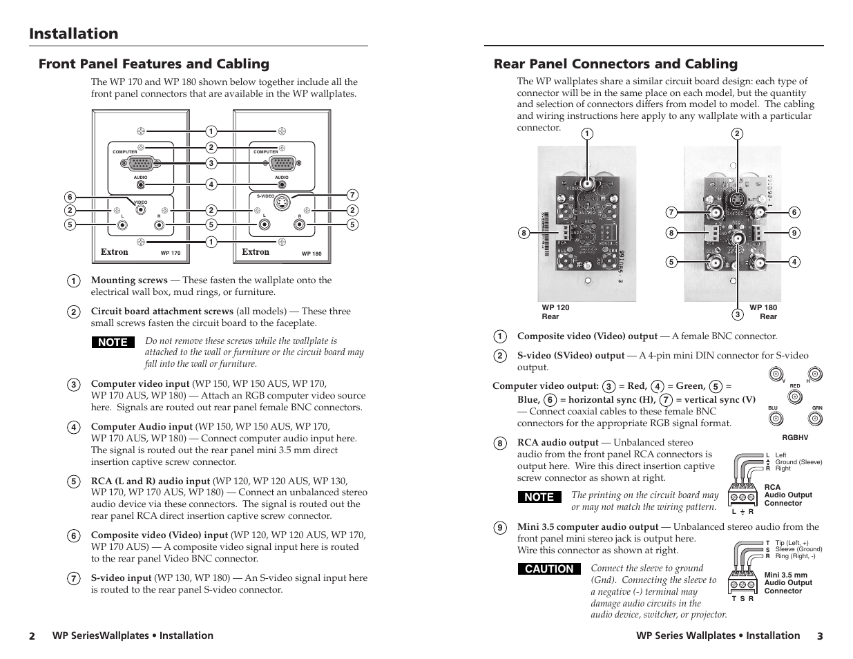 Installation, Front panel features and cabling, Rear panel connectors and cabling | Caution | Extron Electronics WP Series Wallplates Installation User Manual | Page 2 / 4