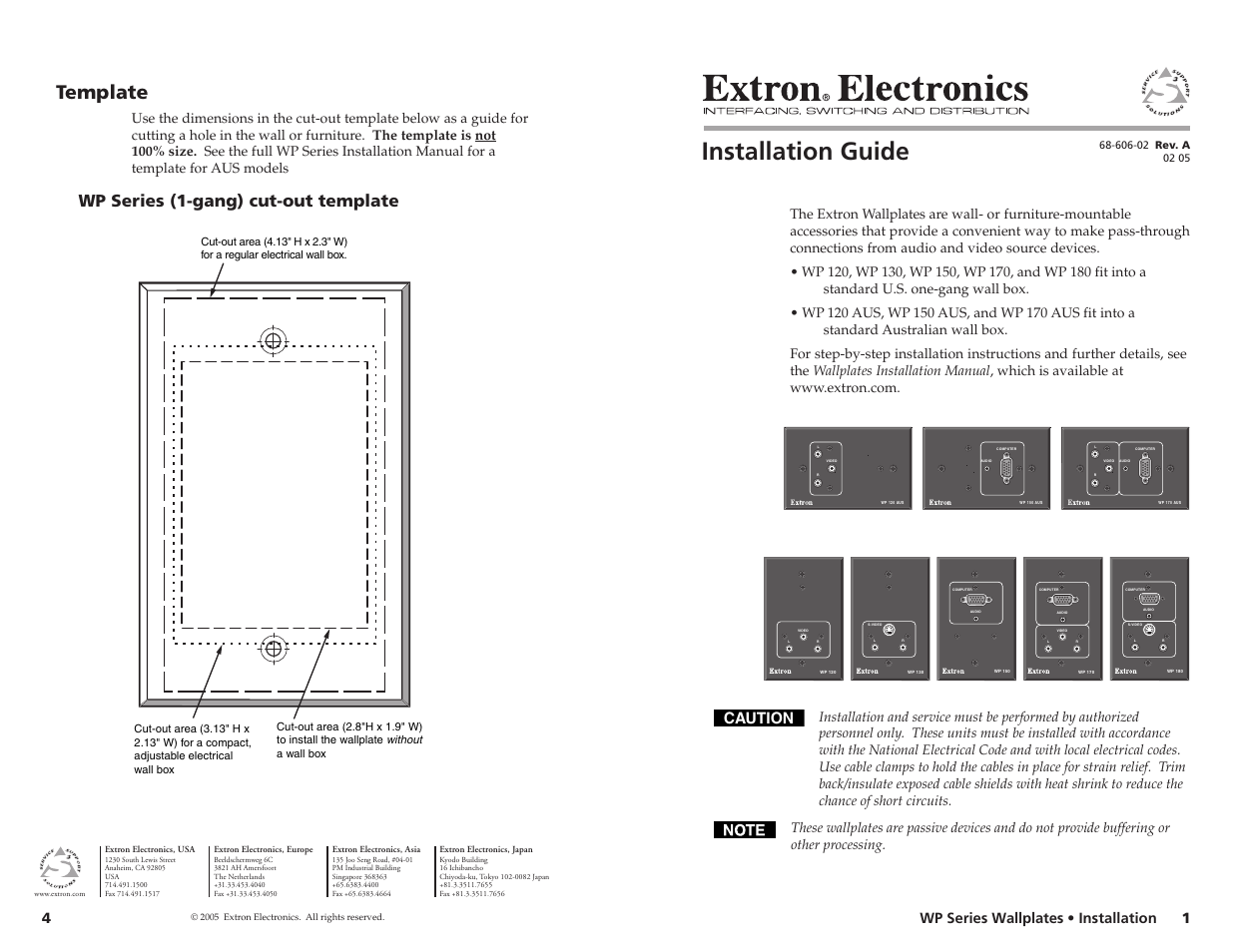 Installation guide, Template, Wp series (1-gang) cut-out template | Caution, Wp series wallplates • installation | Extron Electronics WP Series Wallplates Installation User Manual | Page 4 / 4