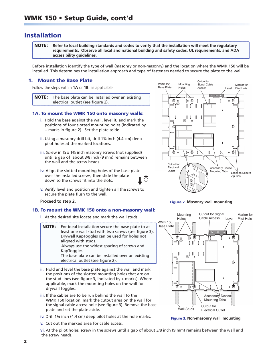 Preliminar y, Wmk 150 • setup guide, cont'd, Installation | Extron Electronics WMK 150 User Manual | Page 2 / 6