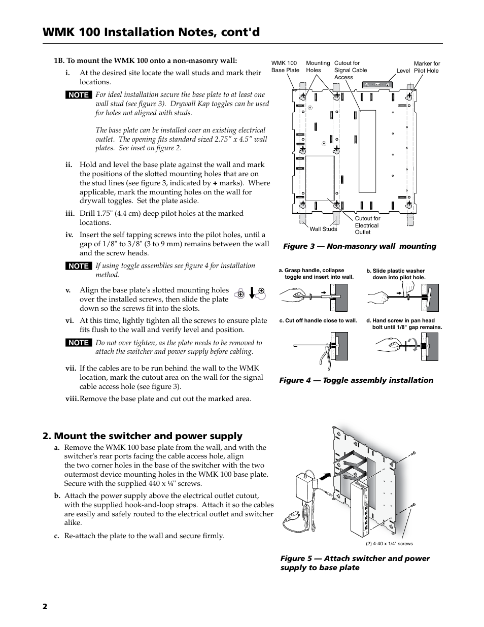 Preliminar y, Mount the switcher and power supply | Extron Electronics WMK 100 User Manual | Page 2 / 4