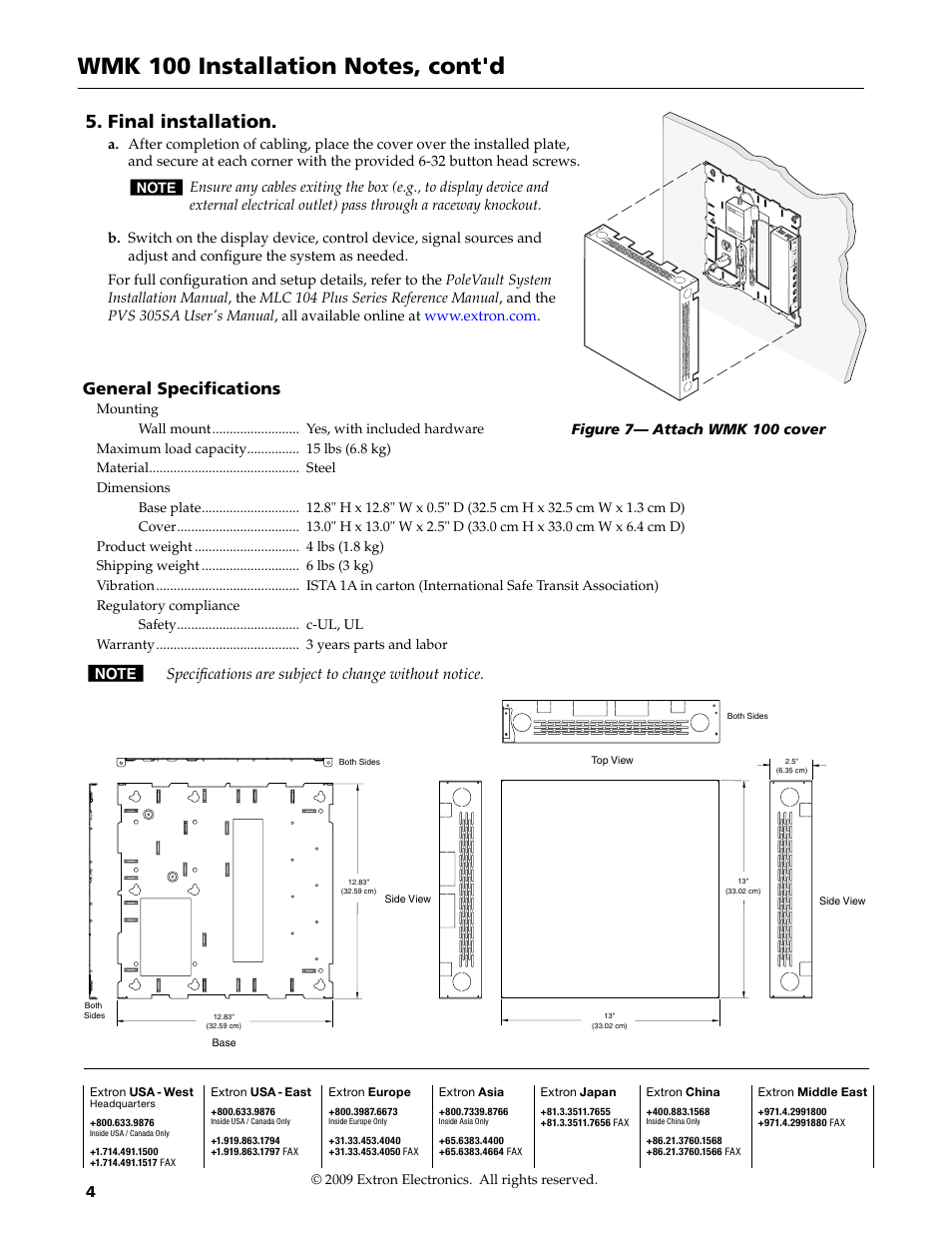 Final installation, General specifications | Extron Electronics WMK 100 User Manual | Page 4 / 4