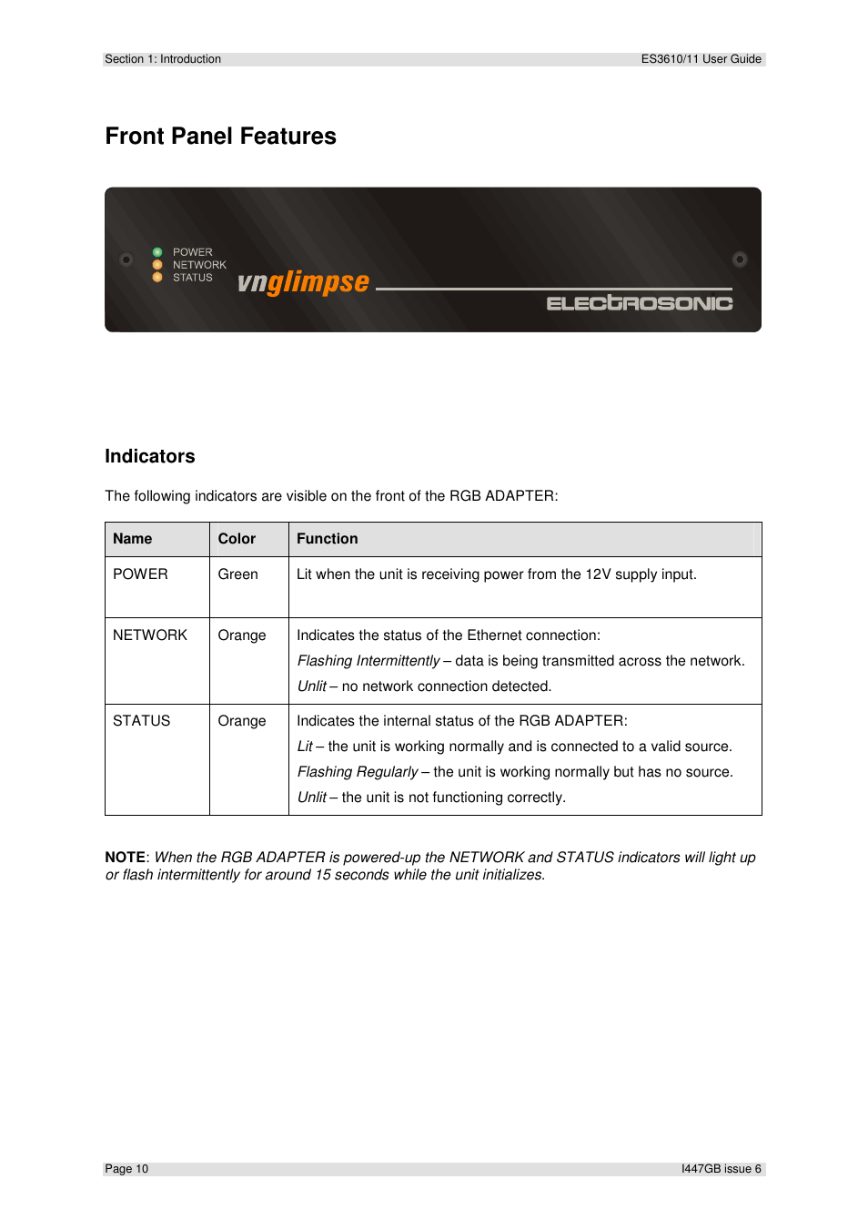 Front panel features, Indicators | Extron Electronics ES3610_11 User Guide User Manual | Page 10 / 59