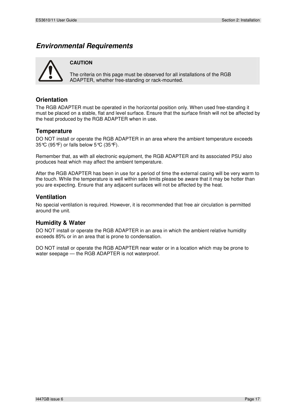 Environmental requirements, Orientation, Temperature | Ventilation, Humidity & water | Extron Electronics ES3610_11 User Guide User Manual | Page 17 / 59