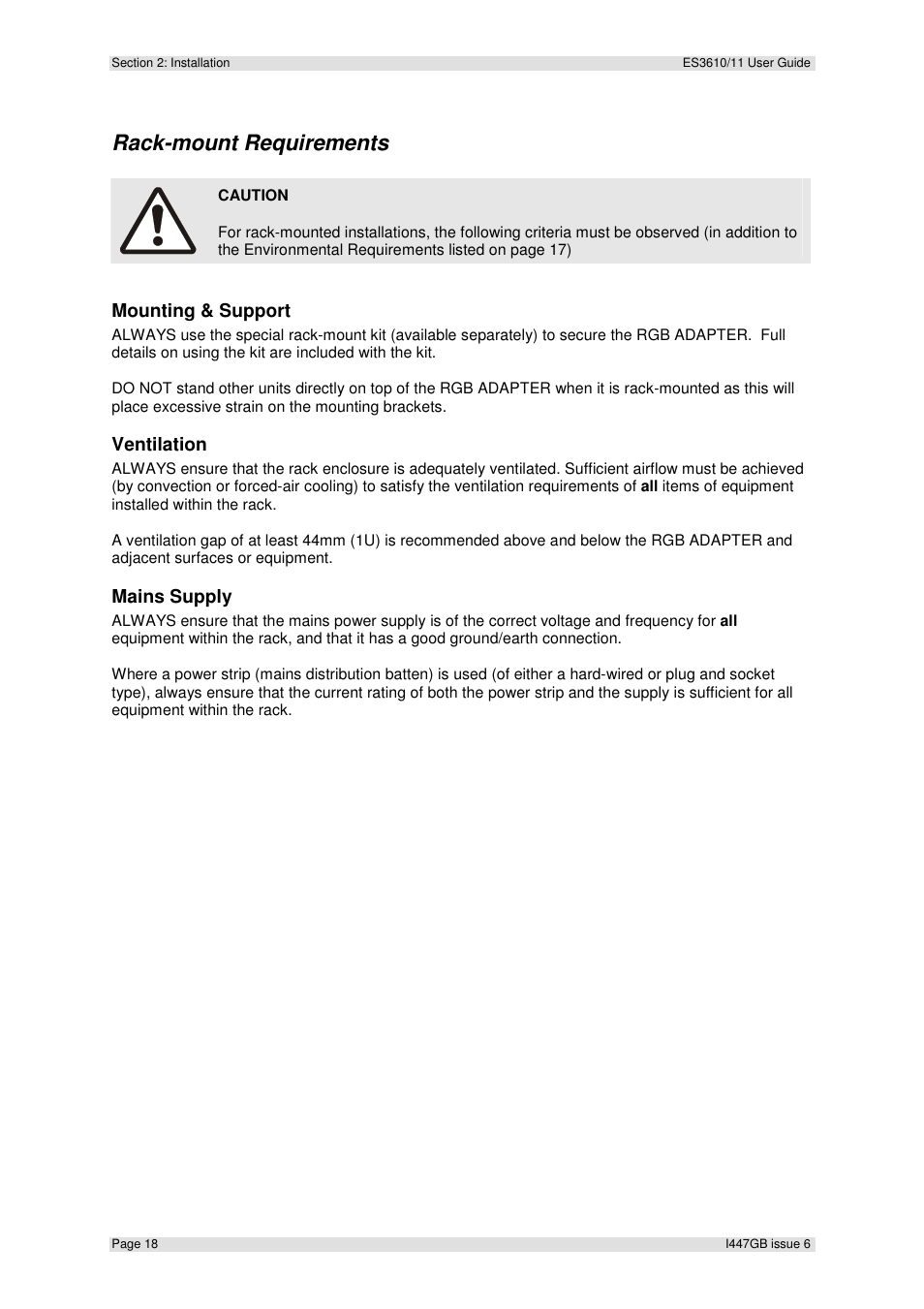 Rack-mount requirements, Mounting & support, Ventilation | Mains supply | Extron Electronics ES3610_11 User Guide User Manual | Page 18 / 59