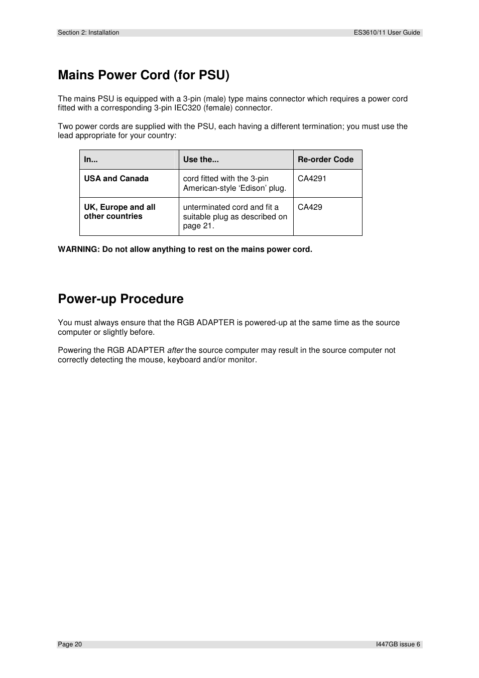 Mains power cord (for psu), Power-up procedure | Extron Electronics ES3610_11 User Guide User Manual | Page 20 / 59