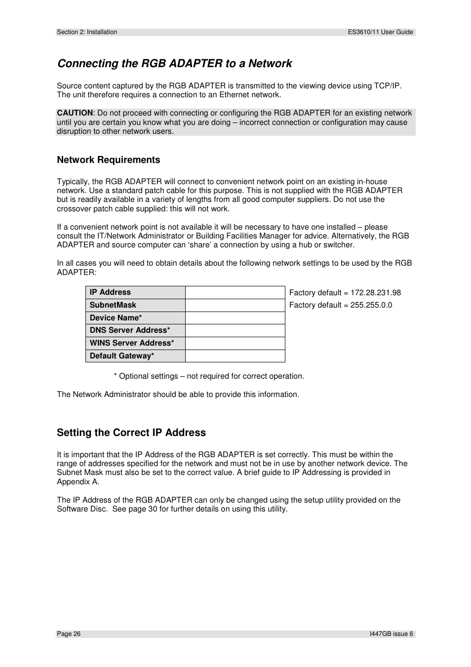 Connecting the rgb adapter to a network, Setting the correct ip address, Network requirements | Extron Electronics ES3610_11 User Guide User Manual | Page 26 / 59