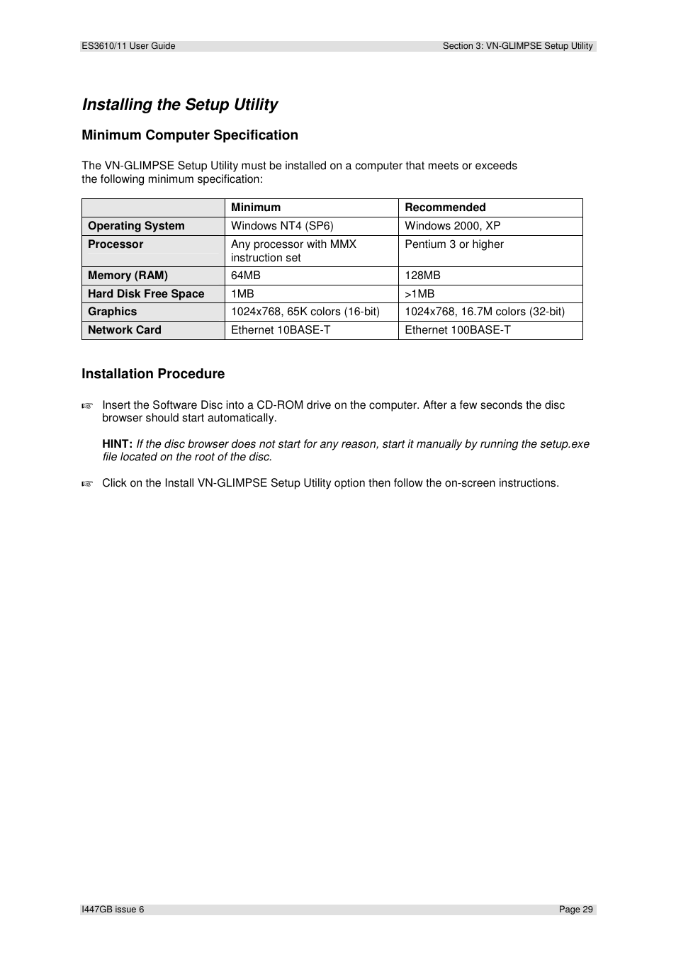 Installing the setup utility, Minimum computer specification, Installation procedure | Extron Electronics ES3610_11 User Guide User Manual | Page 29 / 59