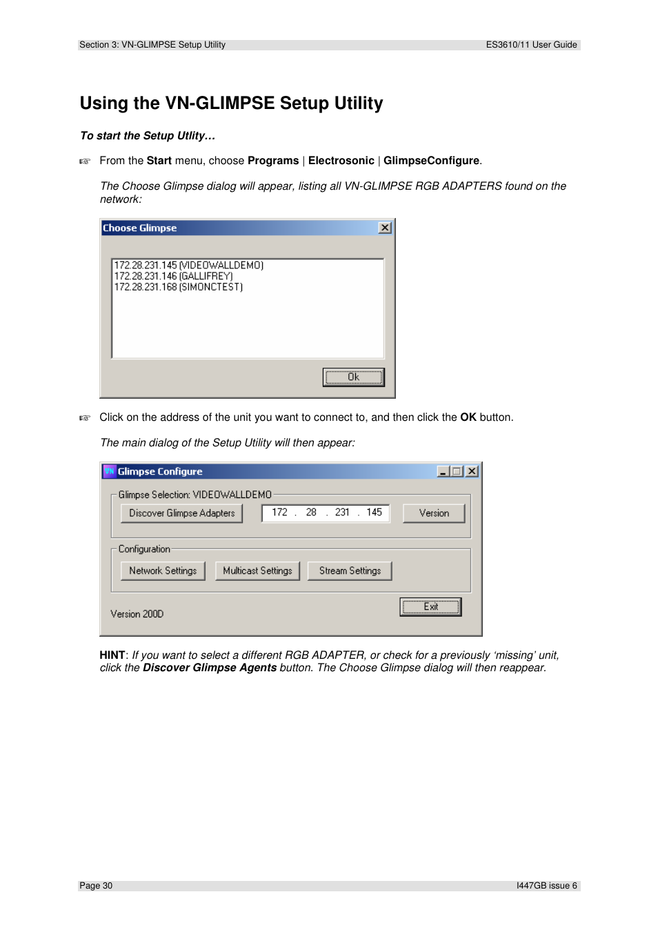 Using the vn-glimpse setup utility | Extron Electronics ES3610_11 User Guide User Manual | Page 30 / 59