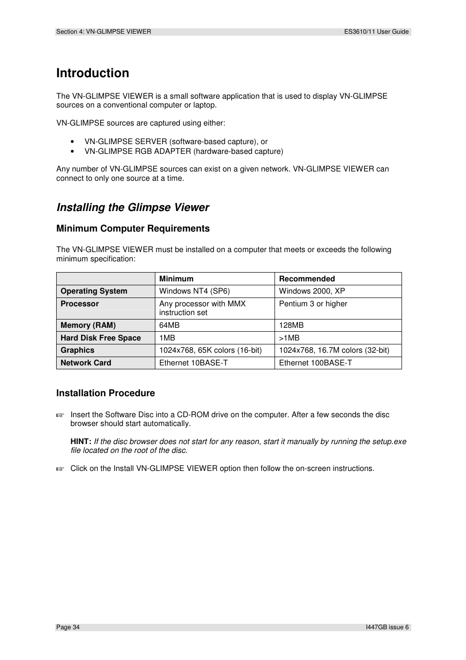 Introduction, Installing the glimpse viewer, Minimum computer requirements | Installation procedure | Extron Electronics ES3610_11 User Guide User Manual | Page 34 / 59
